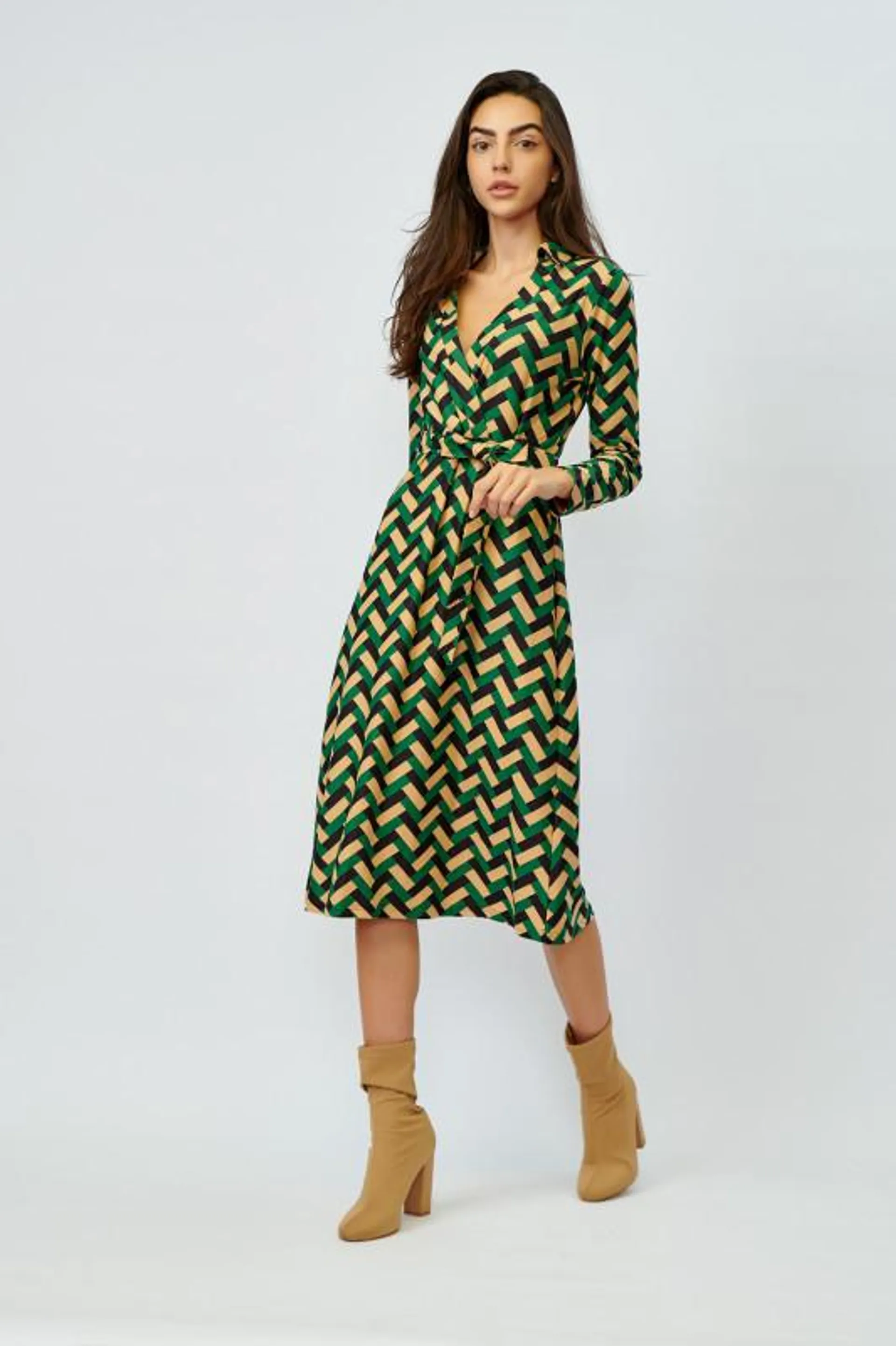 Rochie casual de toamna cu cordon imprimeu verde