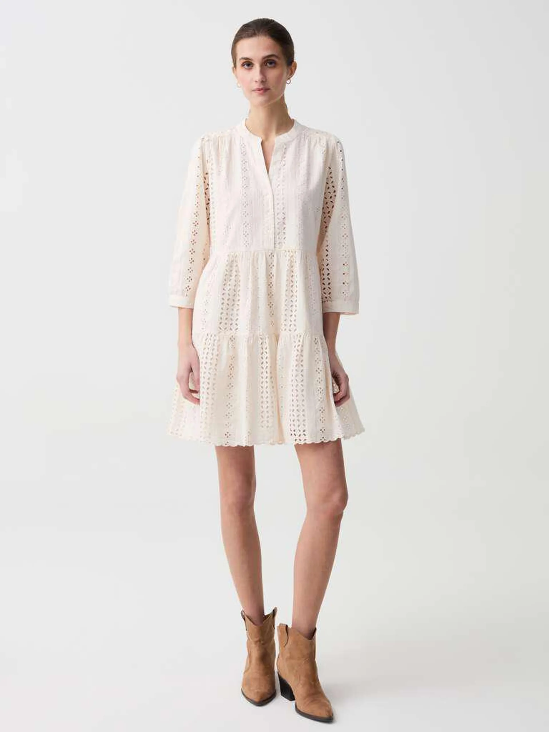 Ivory White Shirt dress in broderie anglaise with flounces