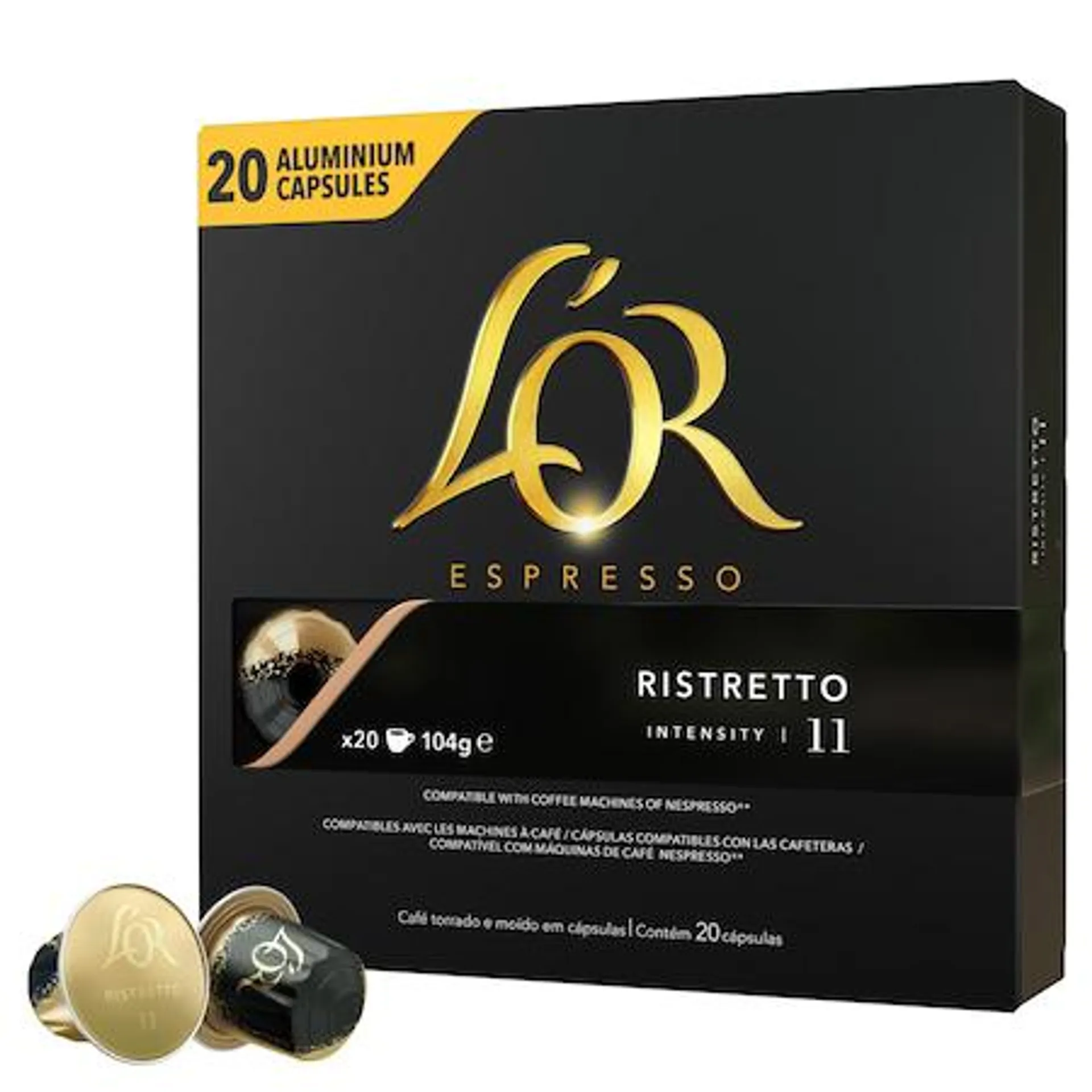 Capsule cafea, L'OR Espresso Ristretto, intensitate 11, 20 bauturi x 25 ml, compatibile cu sistemul Nespresso®*, 20 capsule aluminiu