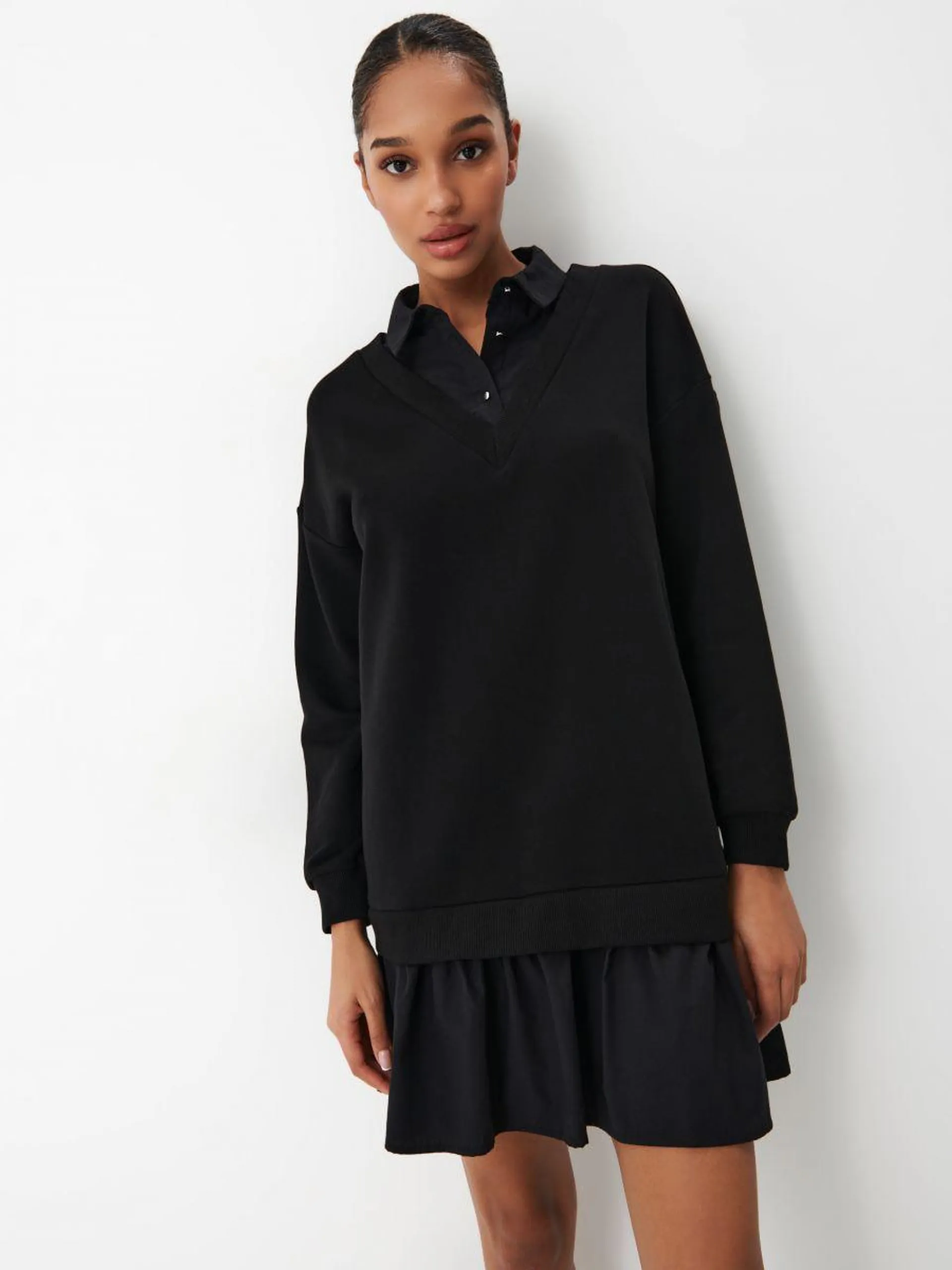 Rochie-bluză mini neagră, cu guler
