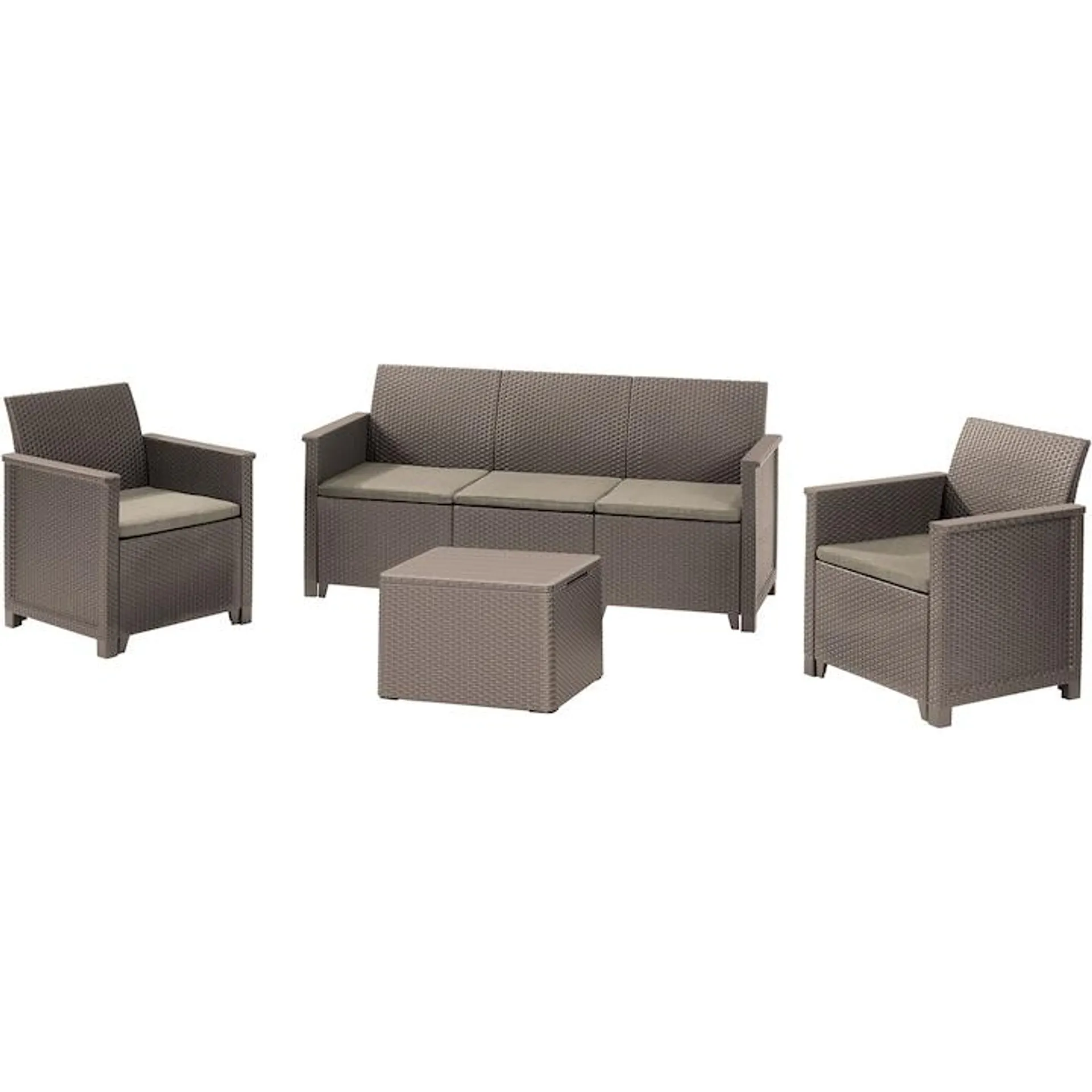 Set mobilier de gradina Keter Elodie cu canapea 3 locuri, 2 fotolii si masa cu spatiu depozitare, aspect ratan, plastic, canapea: 65 x 163 x74 cm, fotoliu: 65 x 63 x 74 cm, masa 55,5 x 55,5 x 38 cm, cappuccino, perne incluse