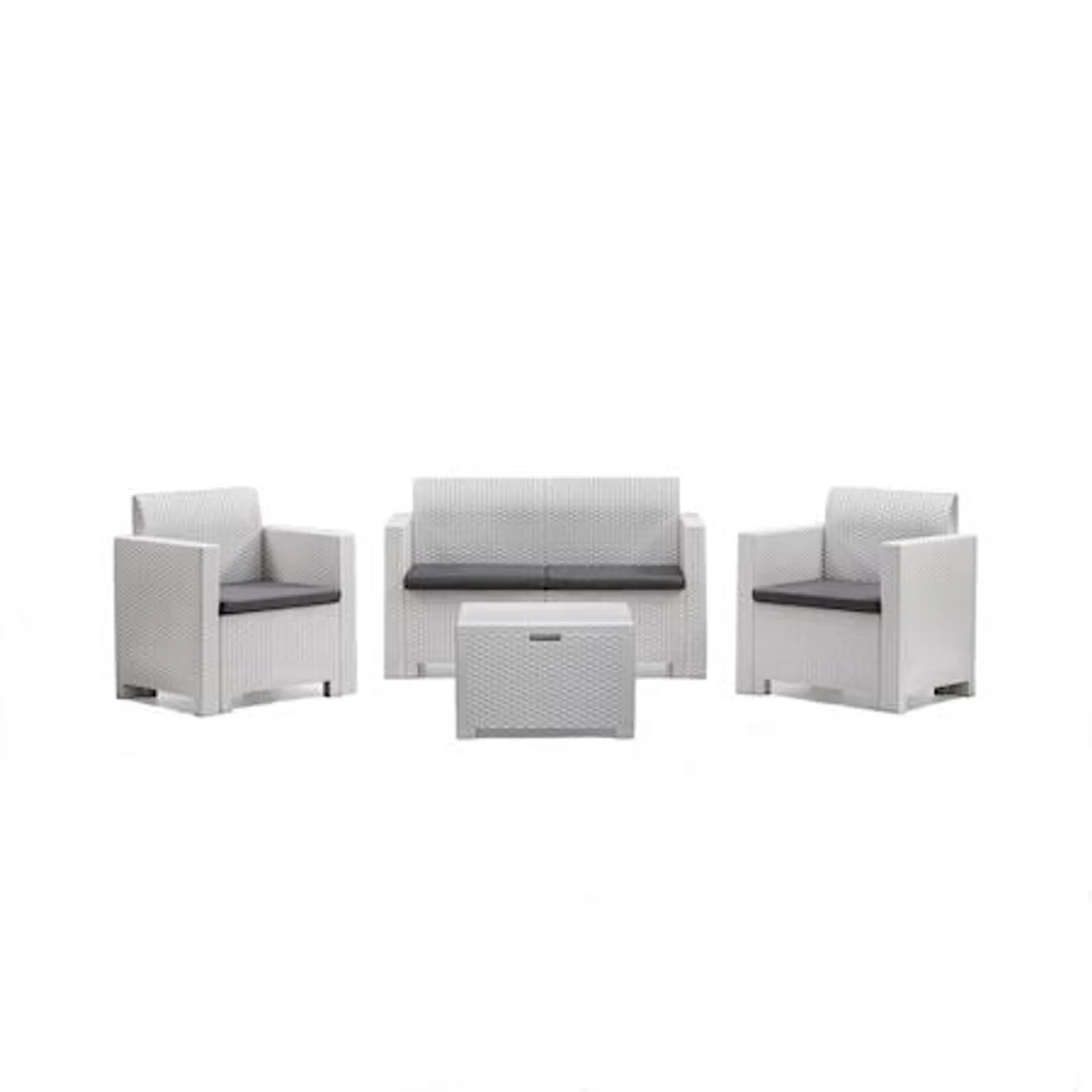 Set mobilier gradina/terasa Nebraska, canapea 2 locuri + 2 fotolii + masuta depozitare, perne incluse, alb