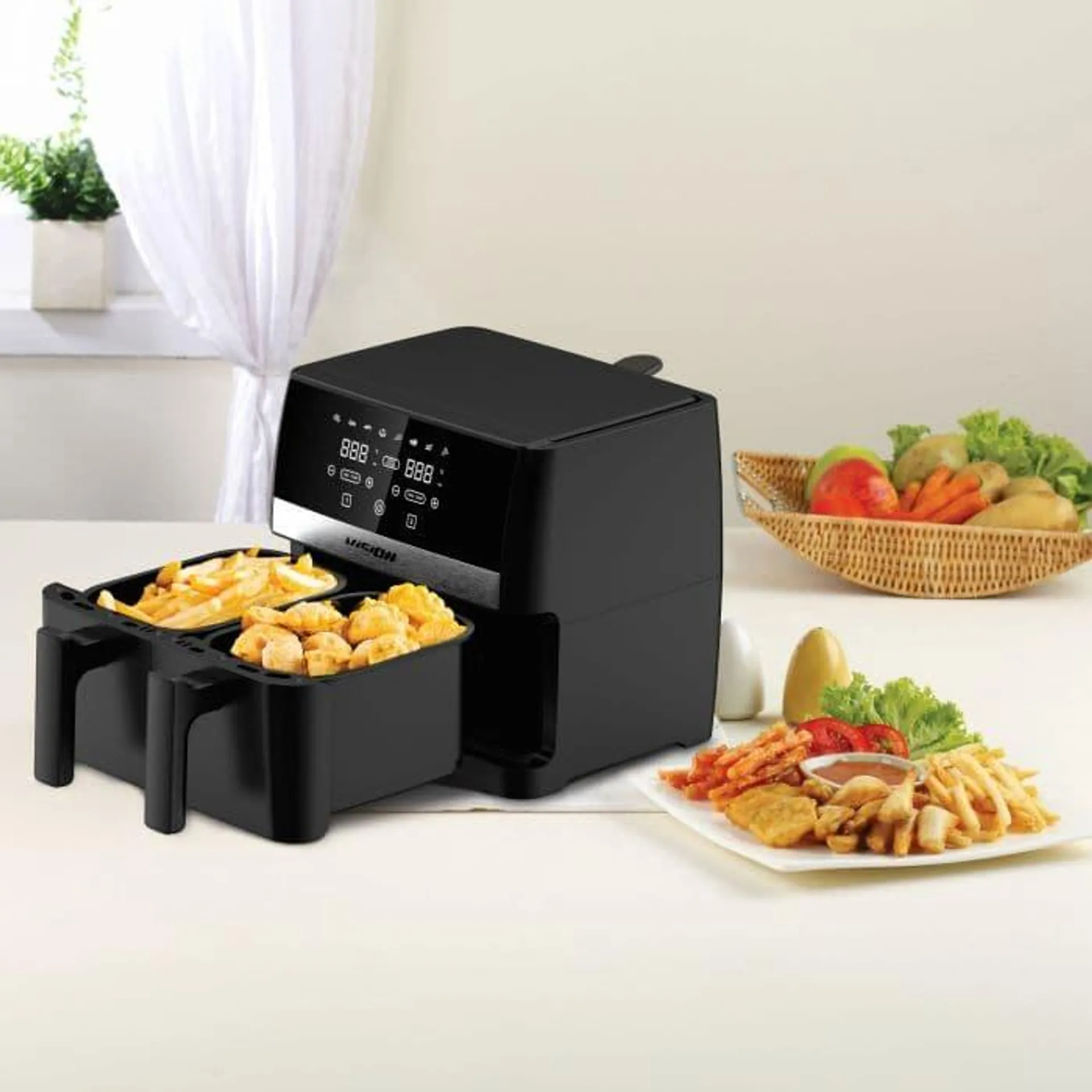 Friteuza dubla cu aer cald, Vision Chef VAFD2100N8, 2100 W, Termostat ajustabil, 8 programe presetate, Negru