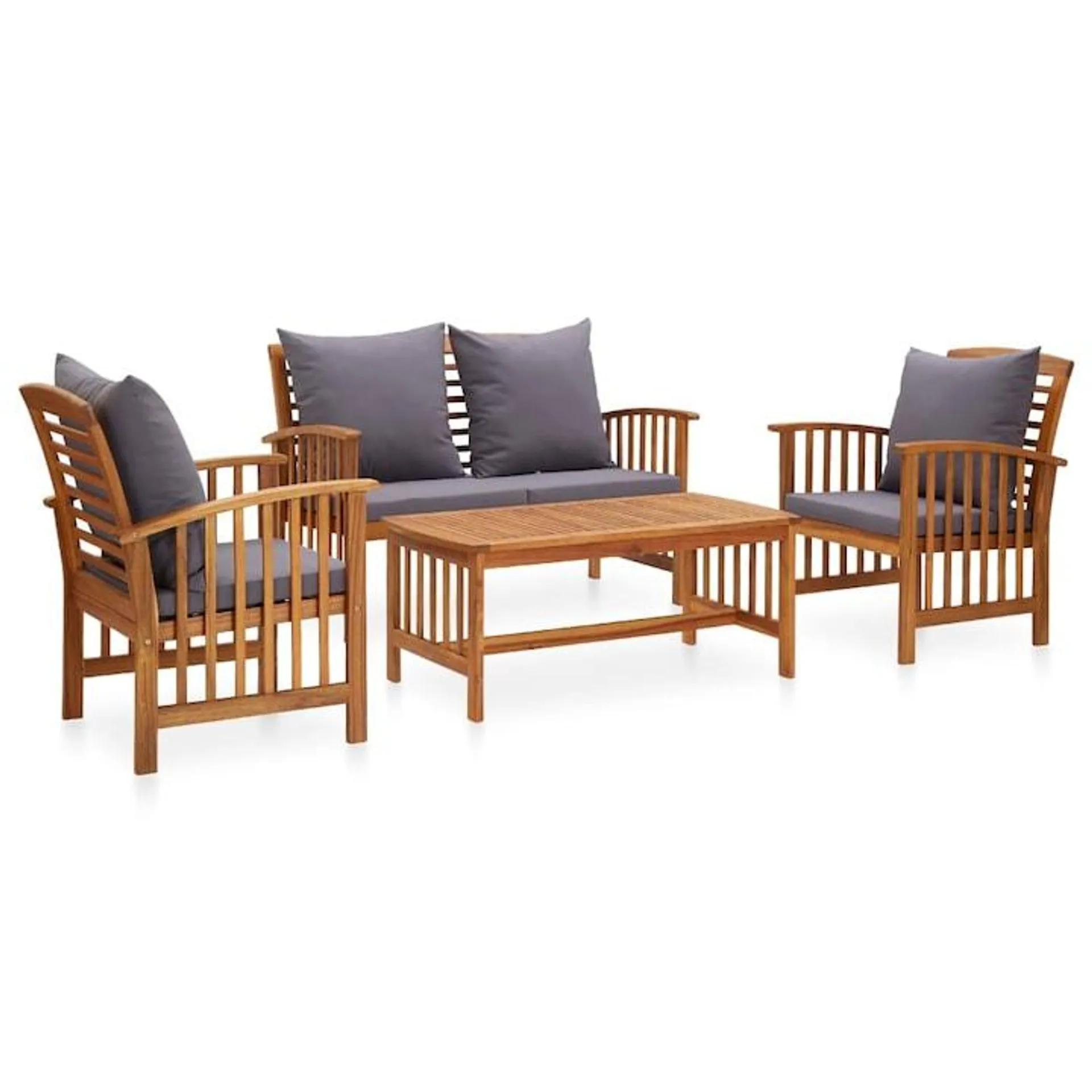 Set mobilier de gradina/terasa/exterior/balcon din 4 piese cu perne gri incluse din lemn masiv de acacia, vidaXL, Lemn, 102 x 50 x 43 cm, Maro