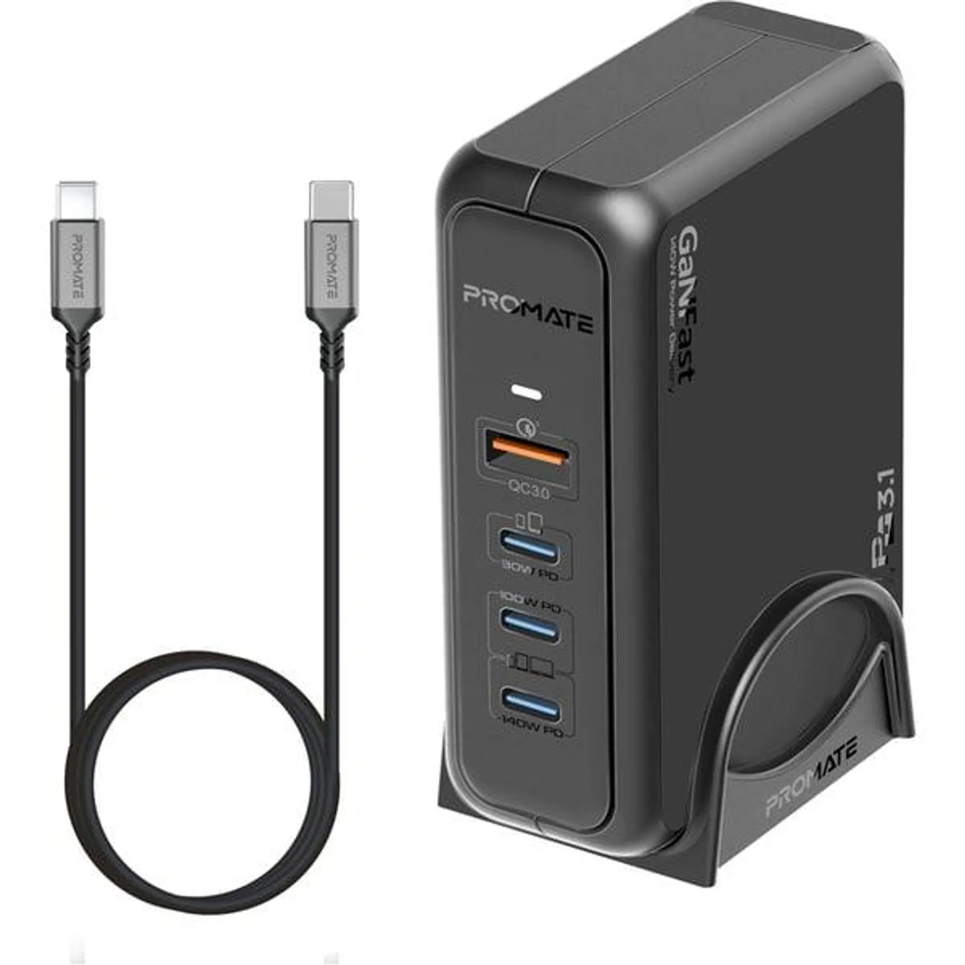 Statie incarcare PROMATE GaNPort-140W, 3xUSB-C Power Delivery 30W-140W, 1xUSB-A Quick Charge 18W, negru