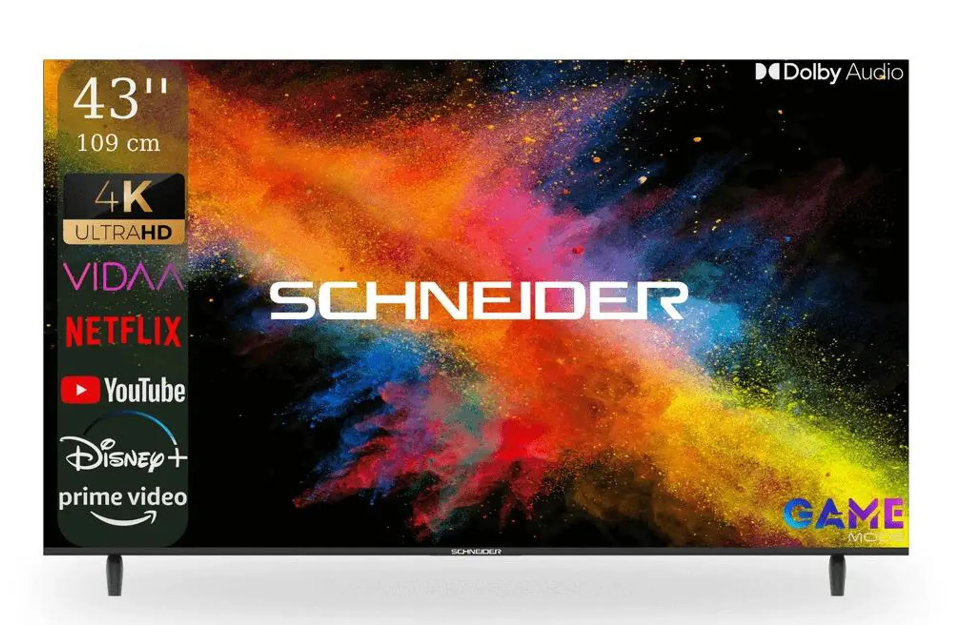 Televizor 4KUHD DLED SMART VIDAA Schneider LED43-SC691K, 109 cm, Clasa E, Borderless, Negru