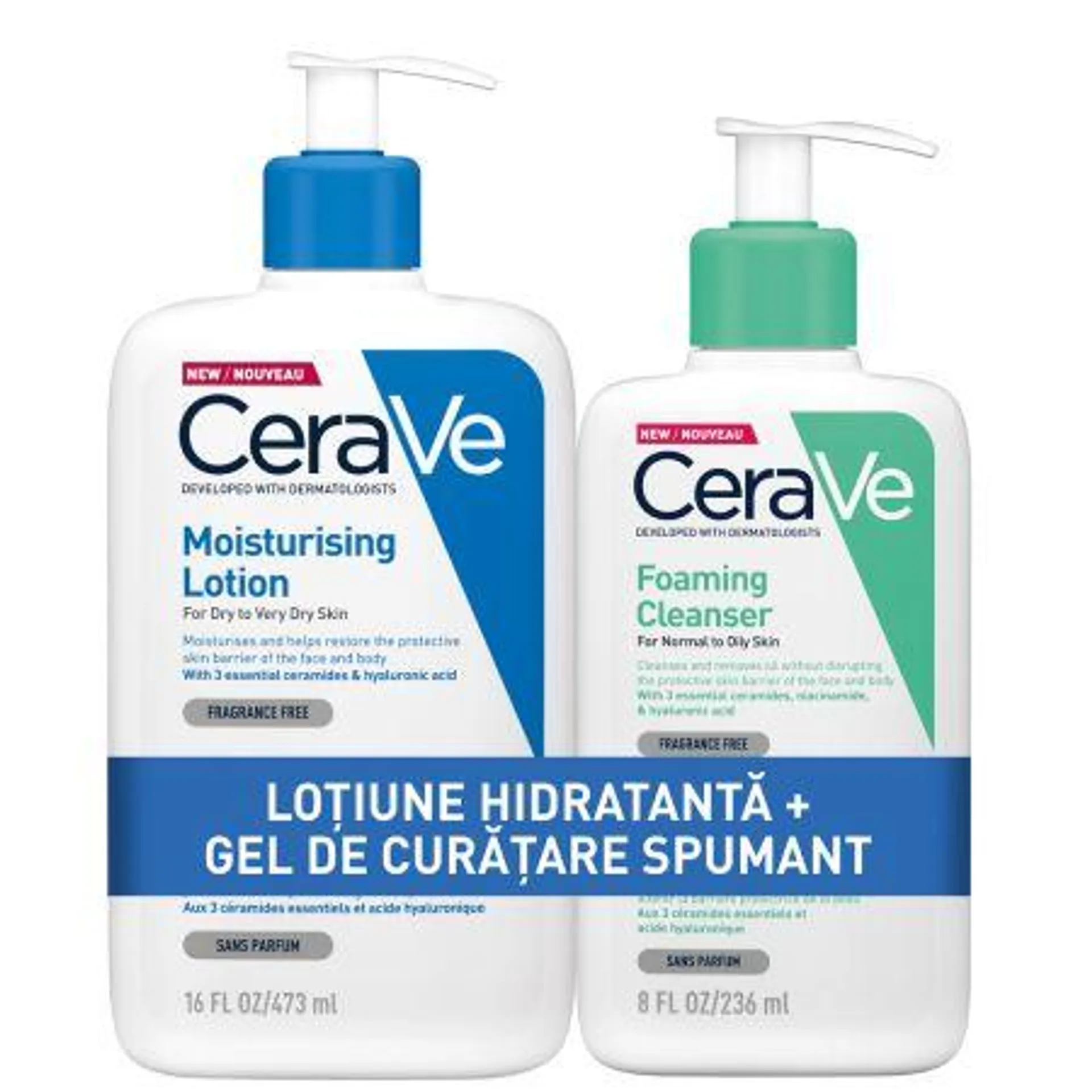 Pachet Lotiune hidratanta si Gel de curatare pentru piele normala sau grasa, 473 ml + 236 ml, CeraVe