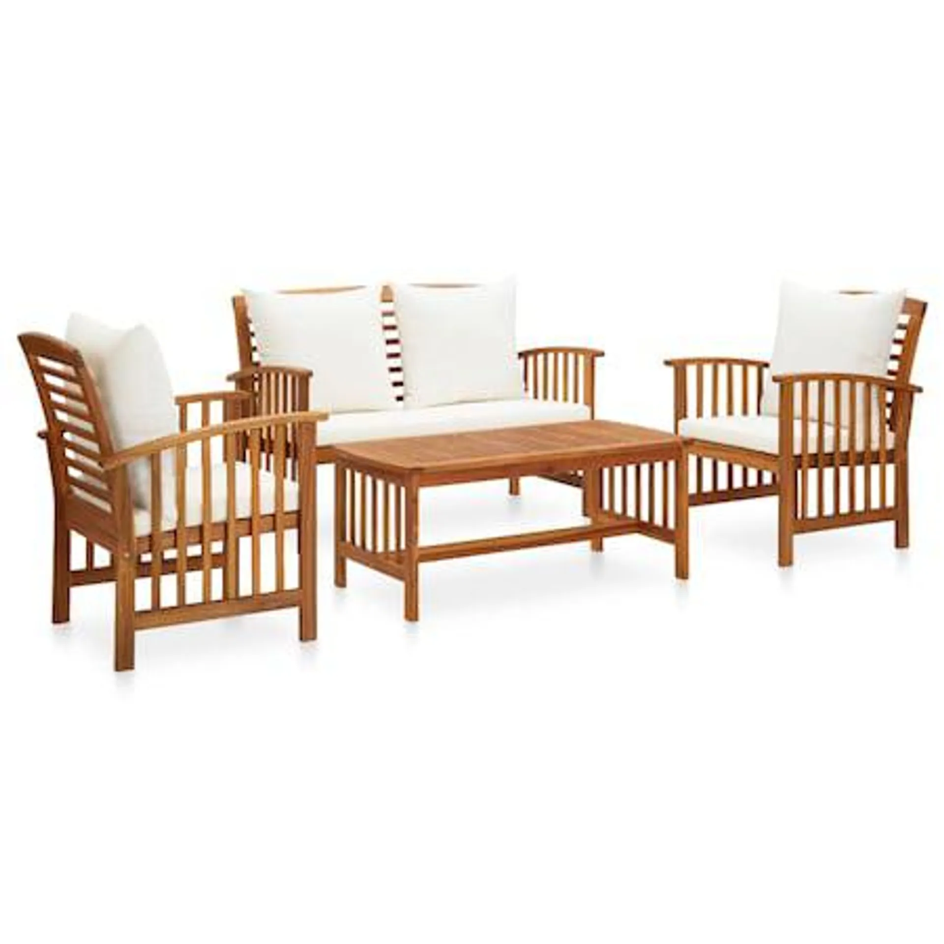 Set mobilier de gradina din 4 piese cu perne albe din lemn masiv de acacia, vidaXL, Lemn, 102 x 50 x 43 cm, Maro