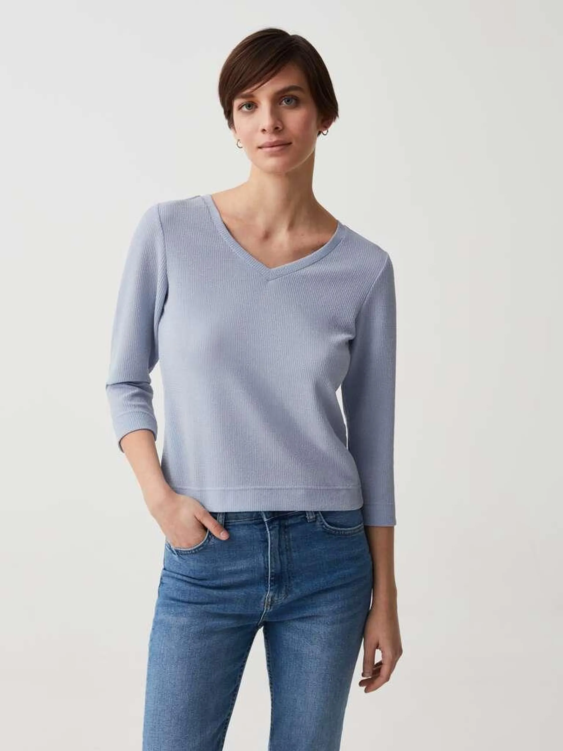 Soft Blue Lurex T-shirt with three-quarter sleeves