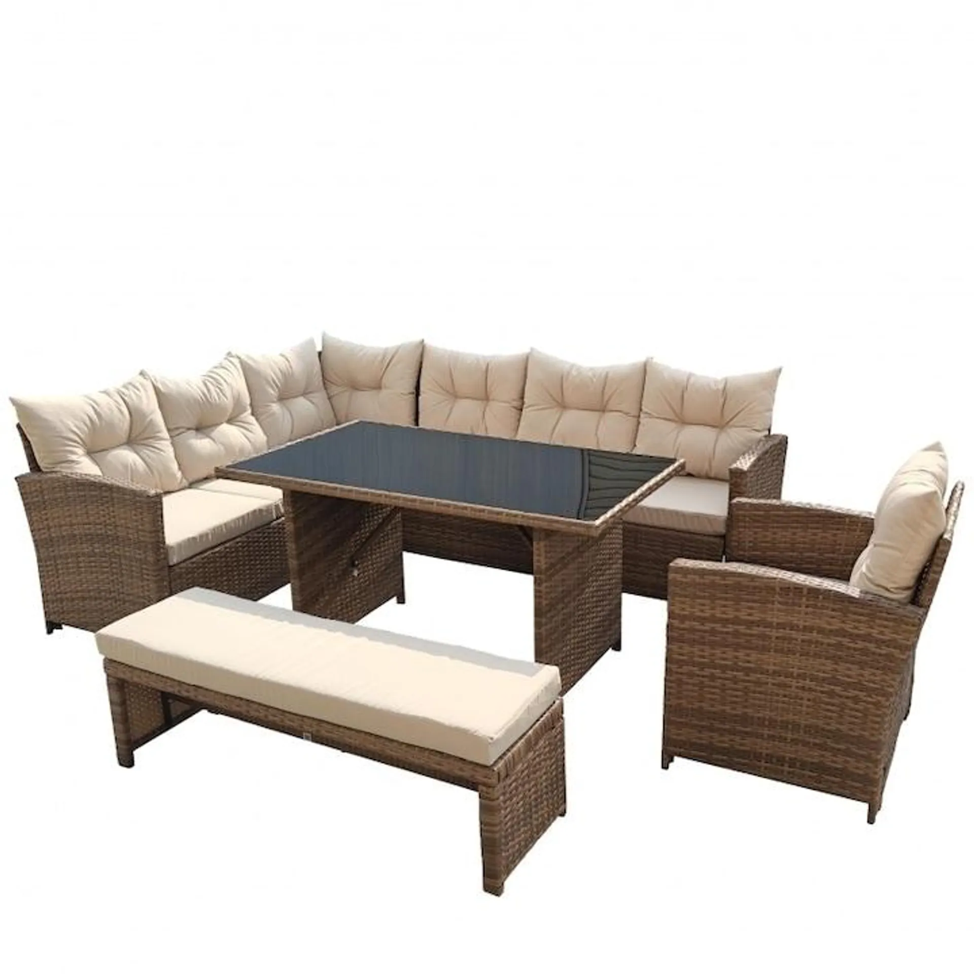 Set mobilier de gradina DeHome MG560, 10 locuri, canapea, coltar, fotolii, banca, masa coffee