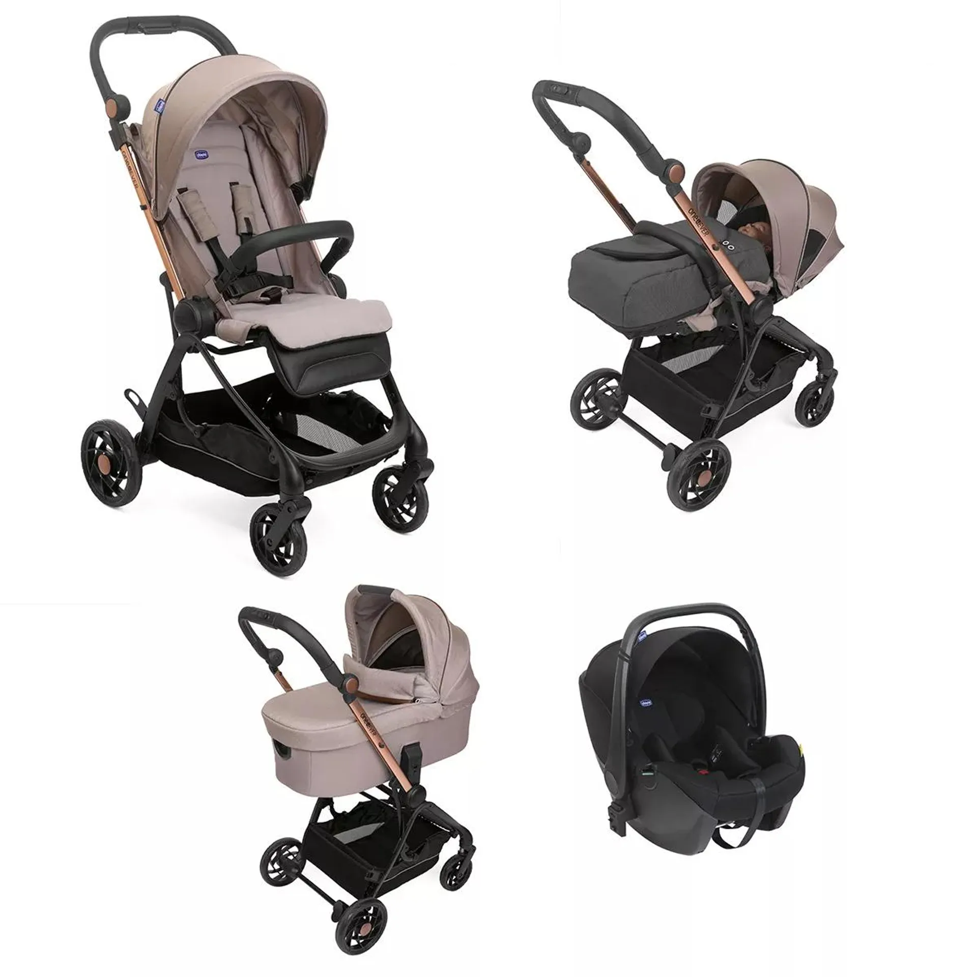 Carucior copii 4 in 1 Chicco One4Ever cu scaun auto Kory ISize, Desert Taupe (Crem), de la nastere la 22Kg