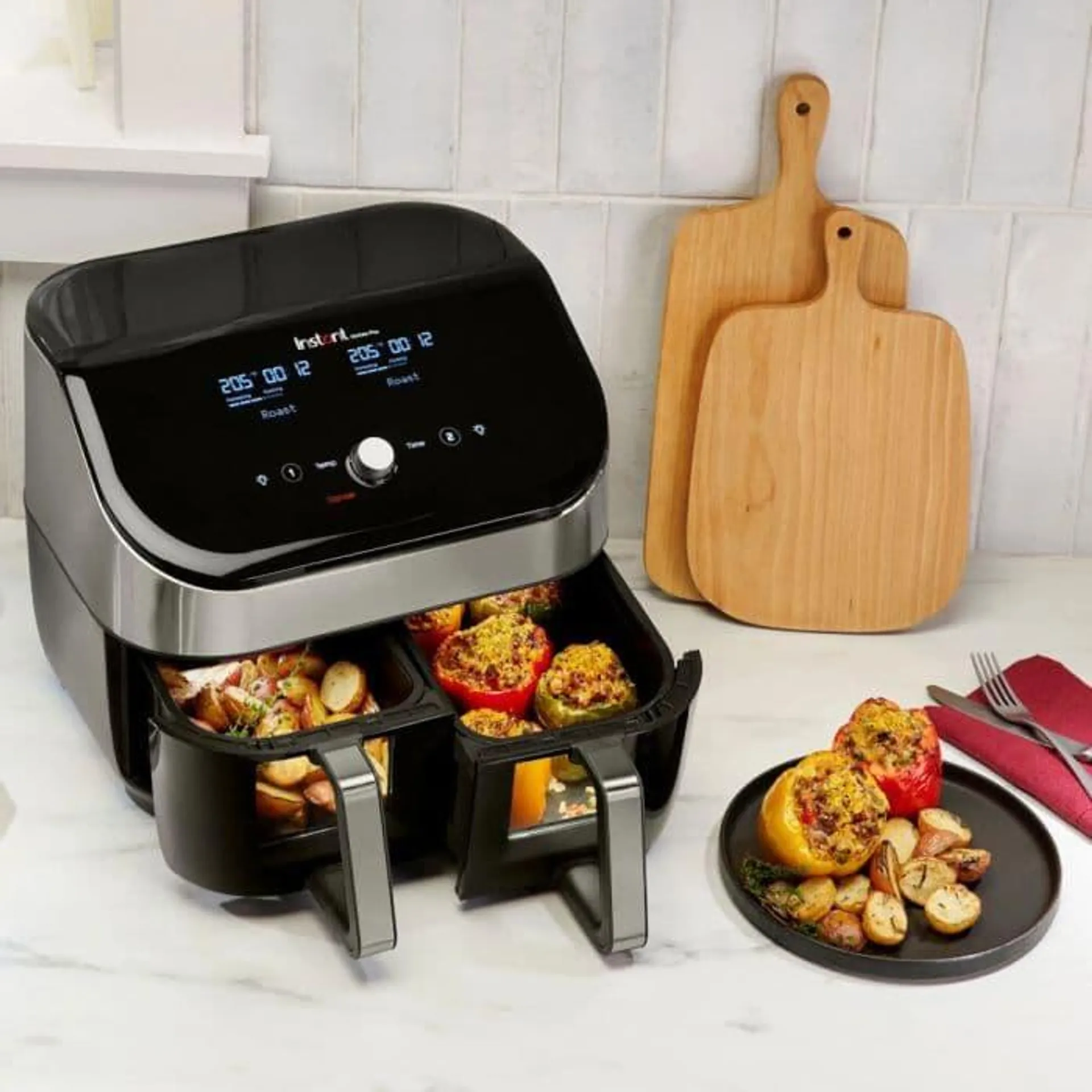 Friteuza cu aer cald Instant Pot Vortex Plus Dual ClearCook, 1700 W, Capacitate 7.6 litri, Clear Cook, Ecran digital, Doua cosuri detasabile, 6 functii de gatire, Negru/Argintiu