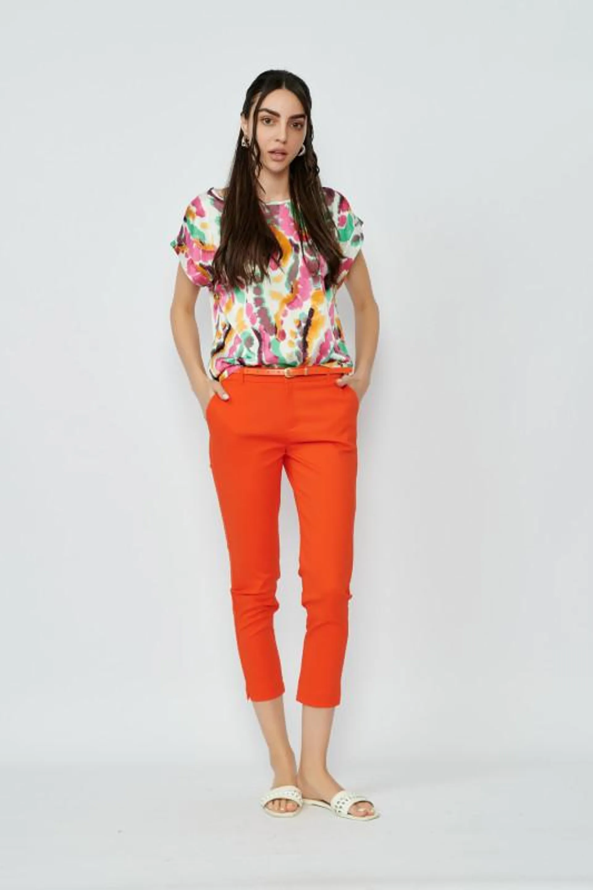 Pantaloni de dama din bumbac orange cu curea