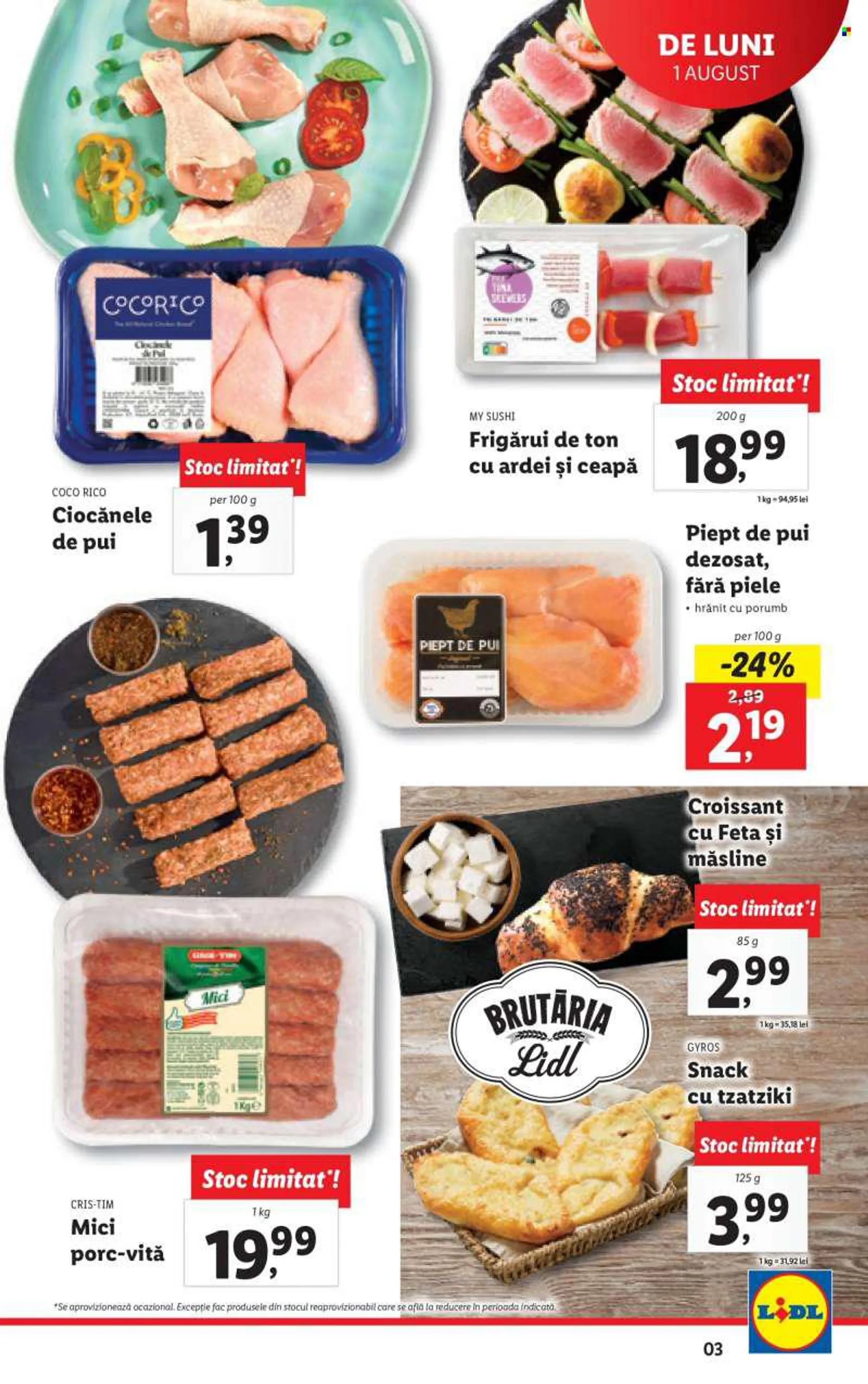 Cataloage Lidl - 01.08.2022 - 07.08.2022 - Produse în vânzare - croissant, piept de pui, carne de pui, mici de porc, sushi, feta, măsline, tzatziki. Pagina 3.