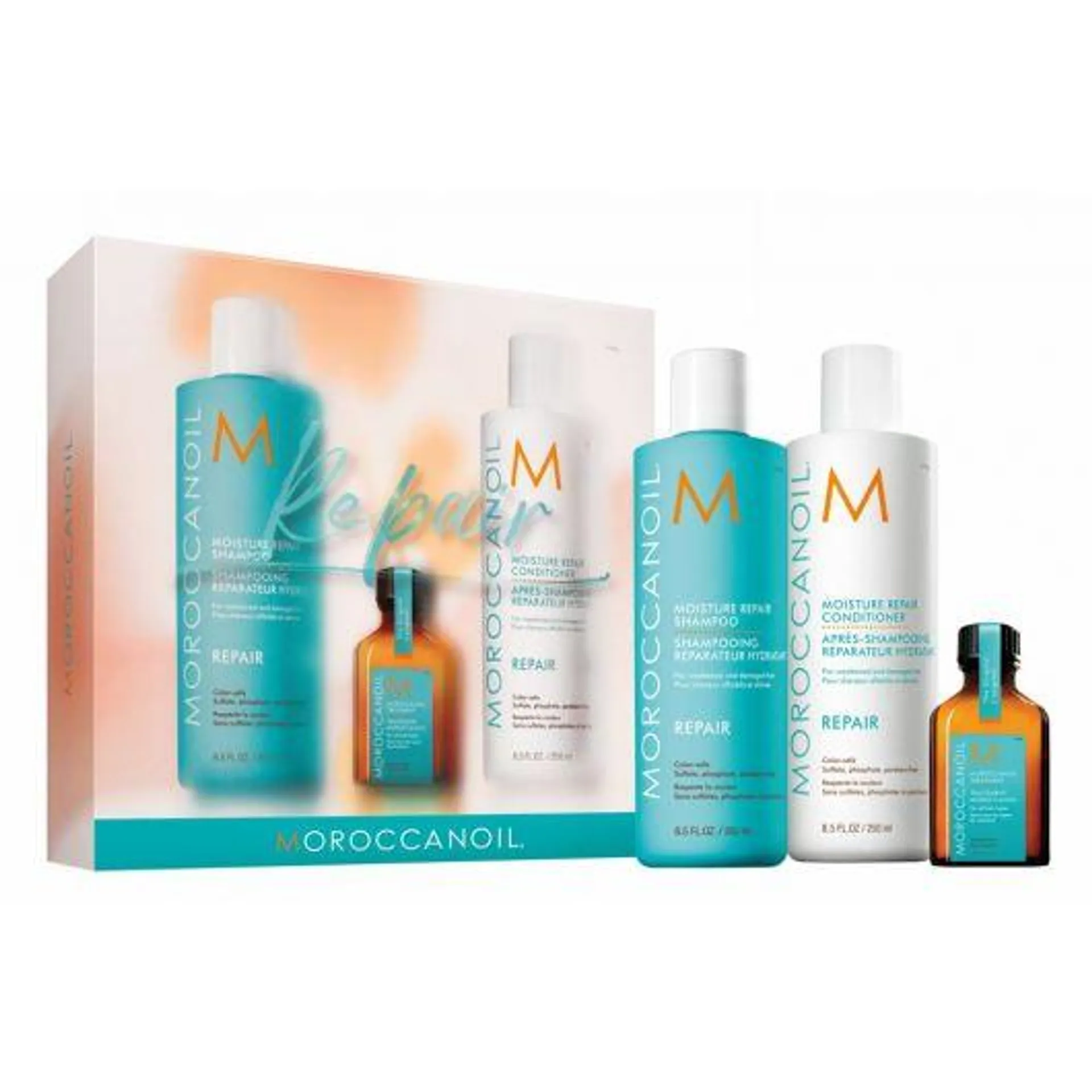 Set de par Moroccanoil Repair, 2x250ml+25ml+10ml