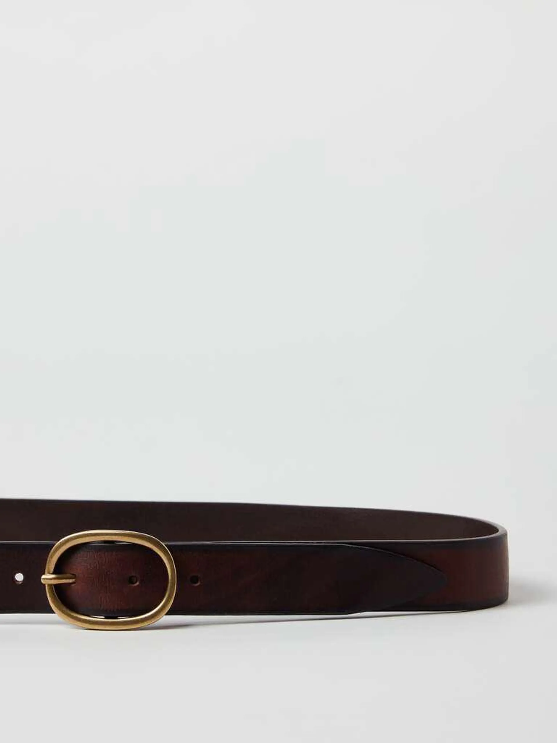 Cognac Brown Vintage-effect leather belt with rounded buckle