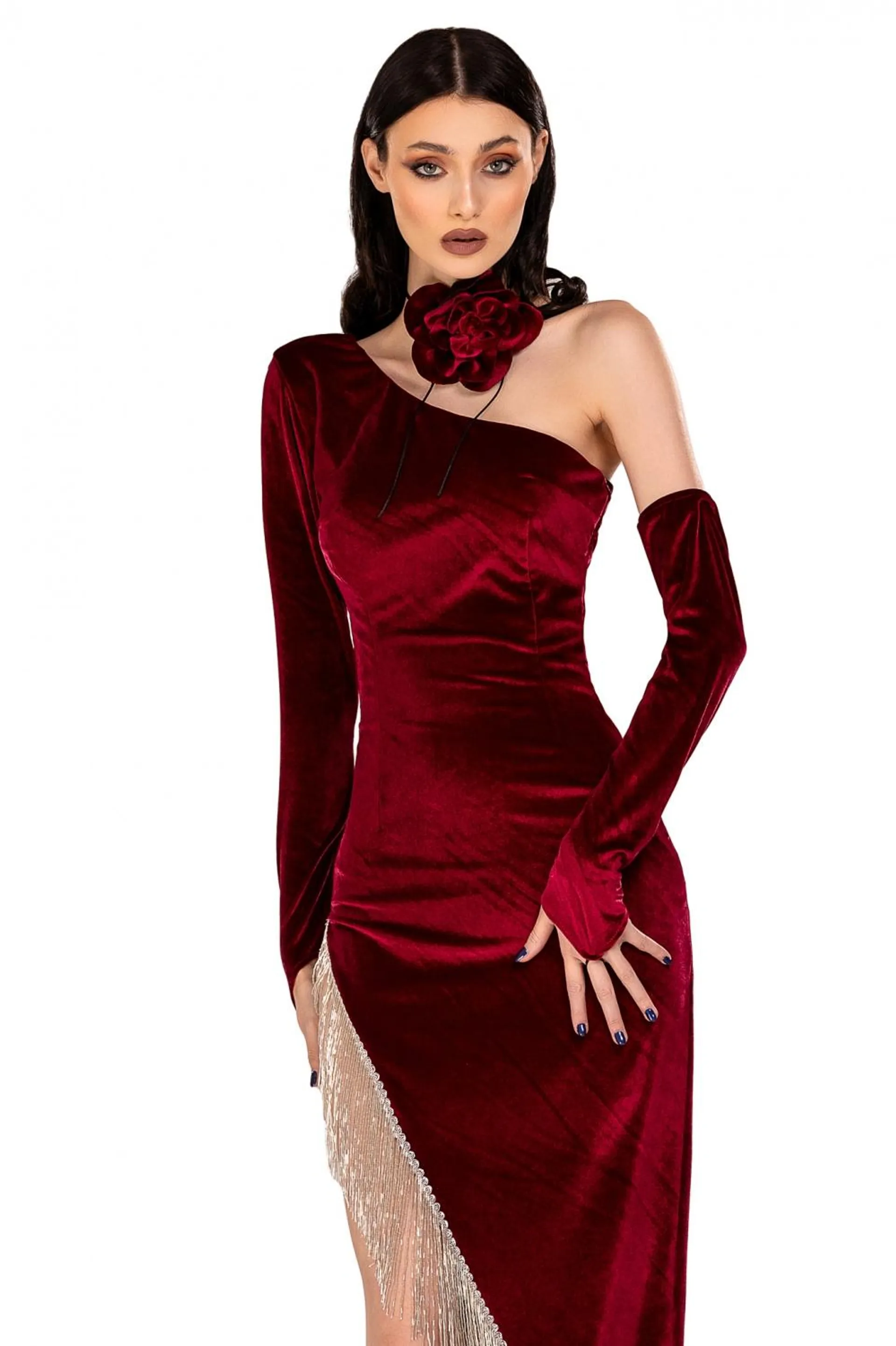 Rochie midi din catifea bordo cu franjuri