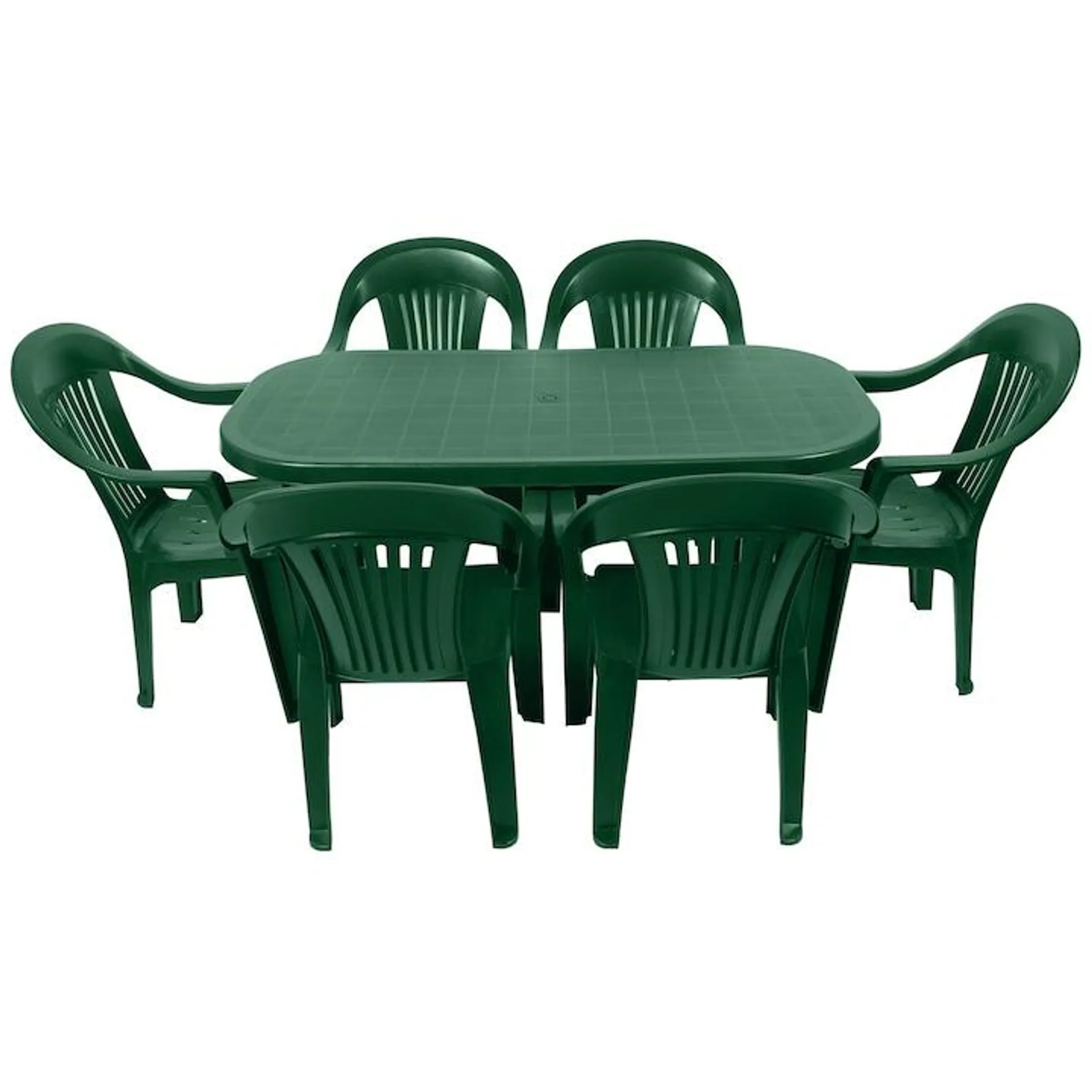 Set masa pentru Gradina IdealStore Bali cu 6 SCAUNE, 140x70x70cm, Realizat din plastic de inalta calitate, Rezistent la UMIDITATE, Permite adaptari creative si inovatoare oriunde si oricand, Culoare-Verde