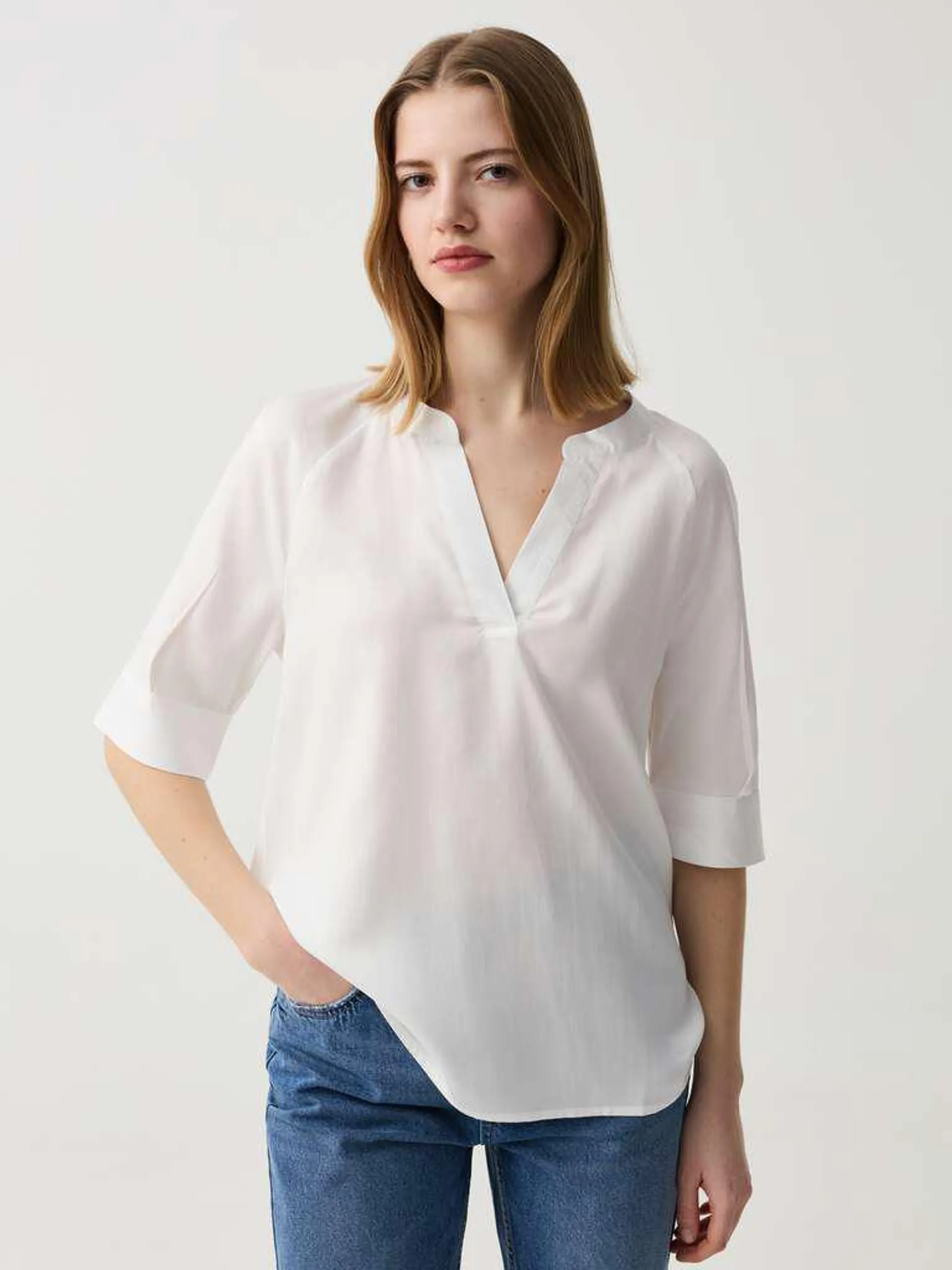 Optical White Blouse with elbow-length sleeves