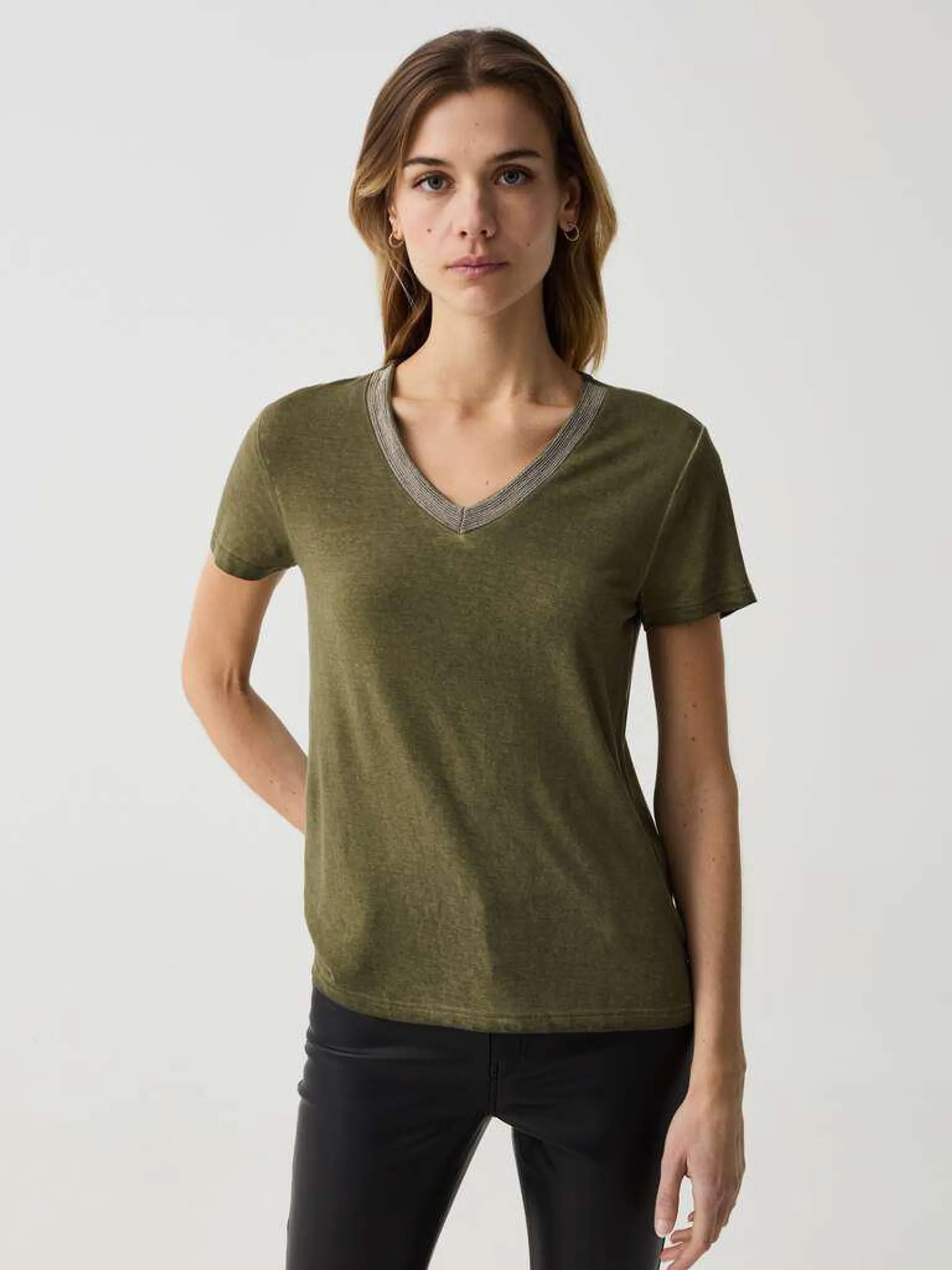 Olive Green Faded-effect shirt with V neck