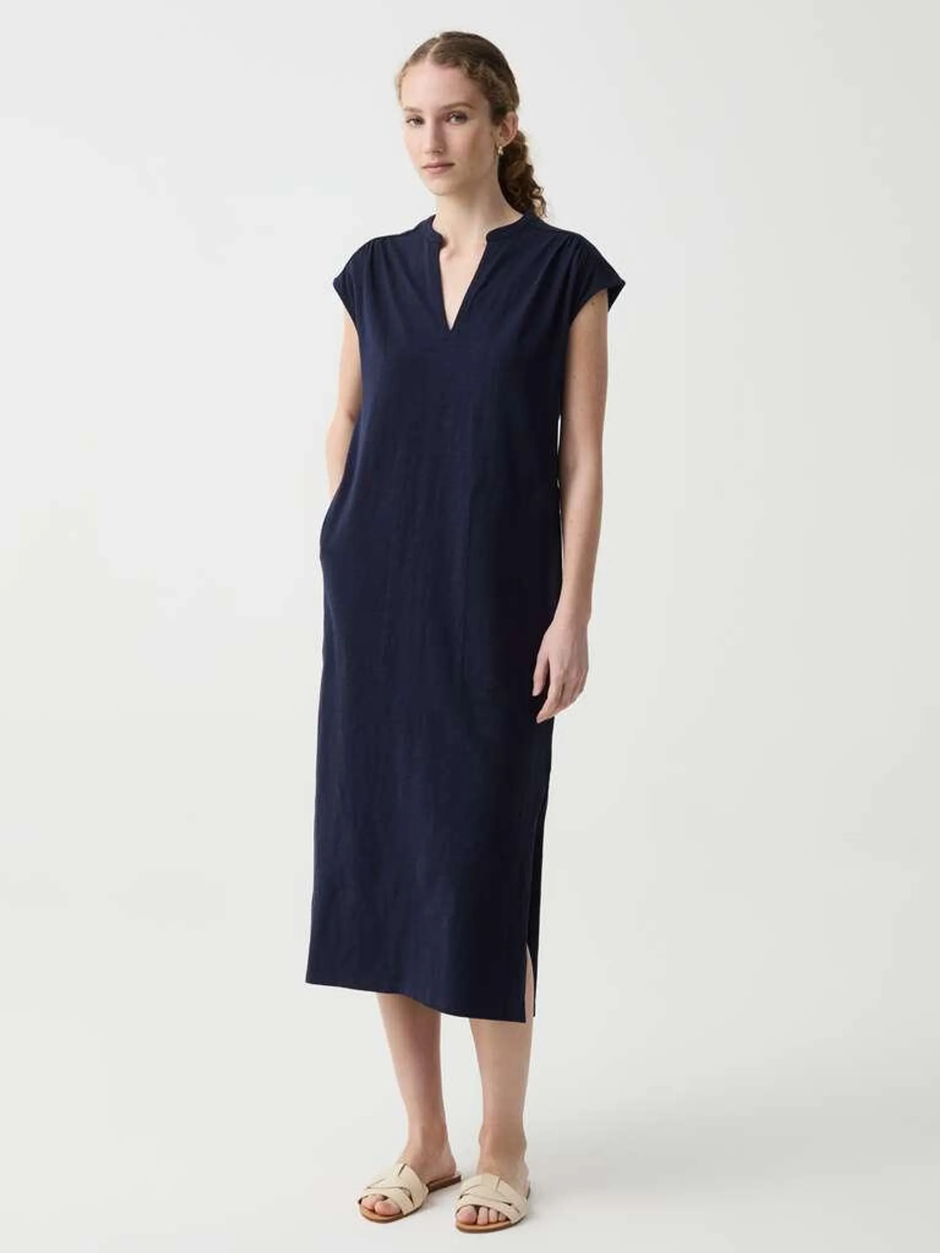 Navy Blue Essential long dress with V-neck