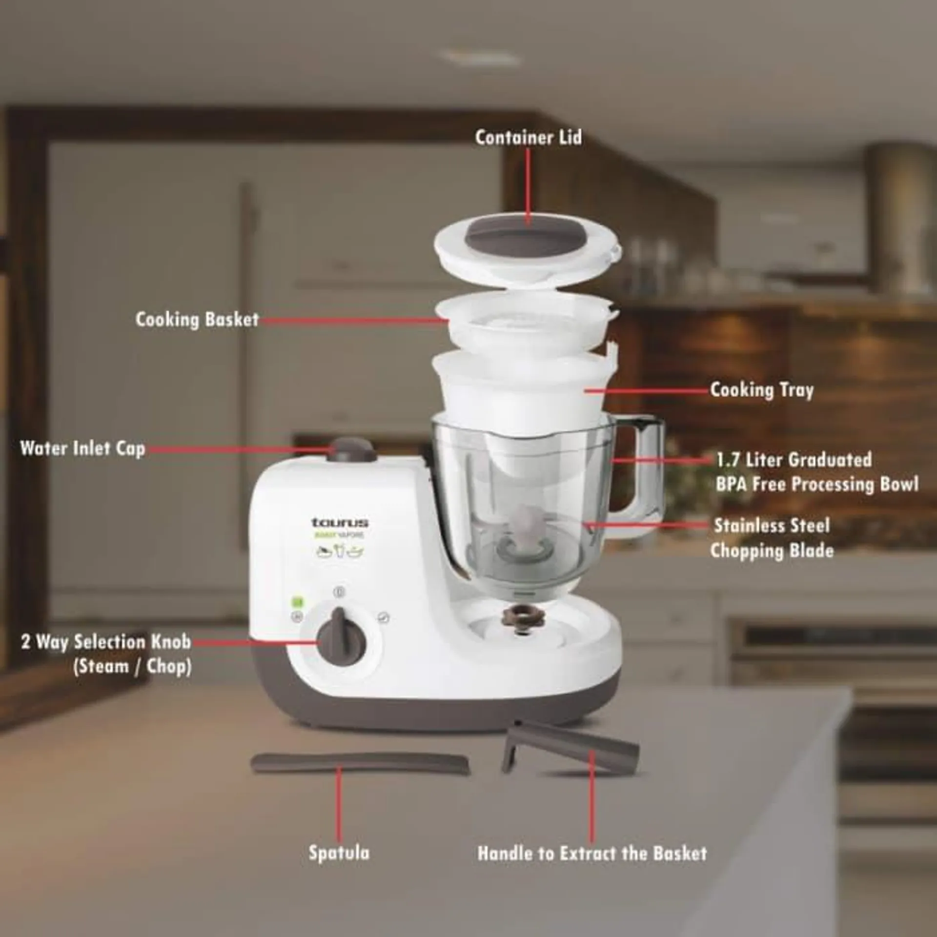 Robot Taurus Robot Vapore, 750 W,gatit alimente copii, blender/tocător/steamer