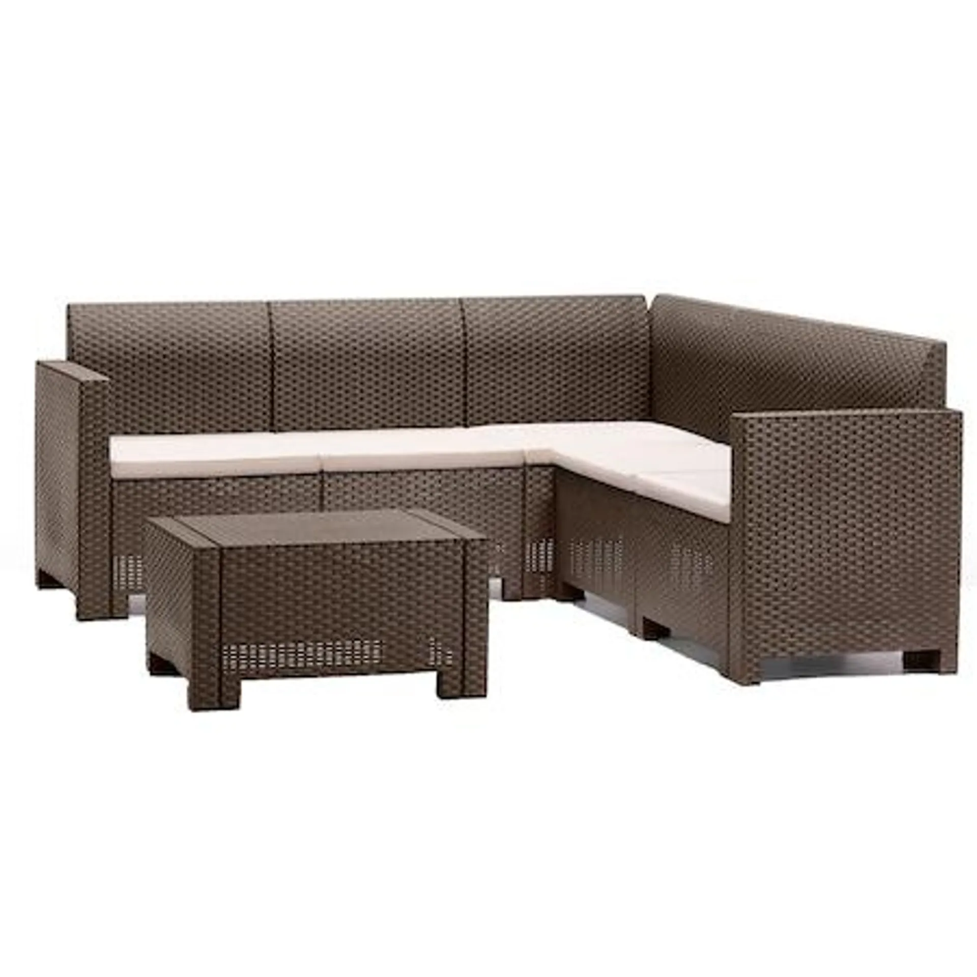 Set mobilier gradina/terasa Nebraska, coltar 5 locuri + masuta, perne incluse, maro