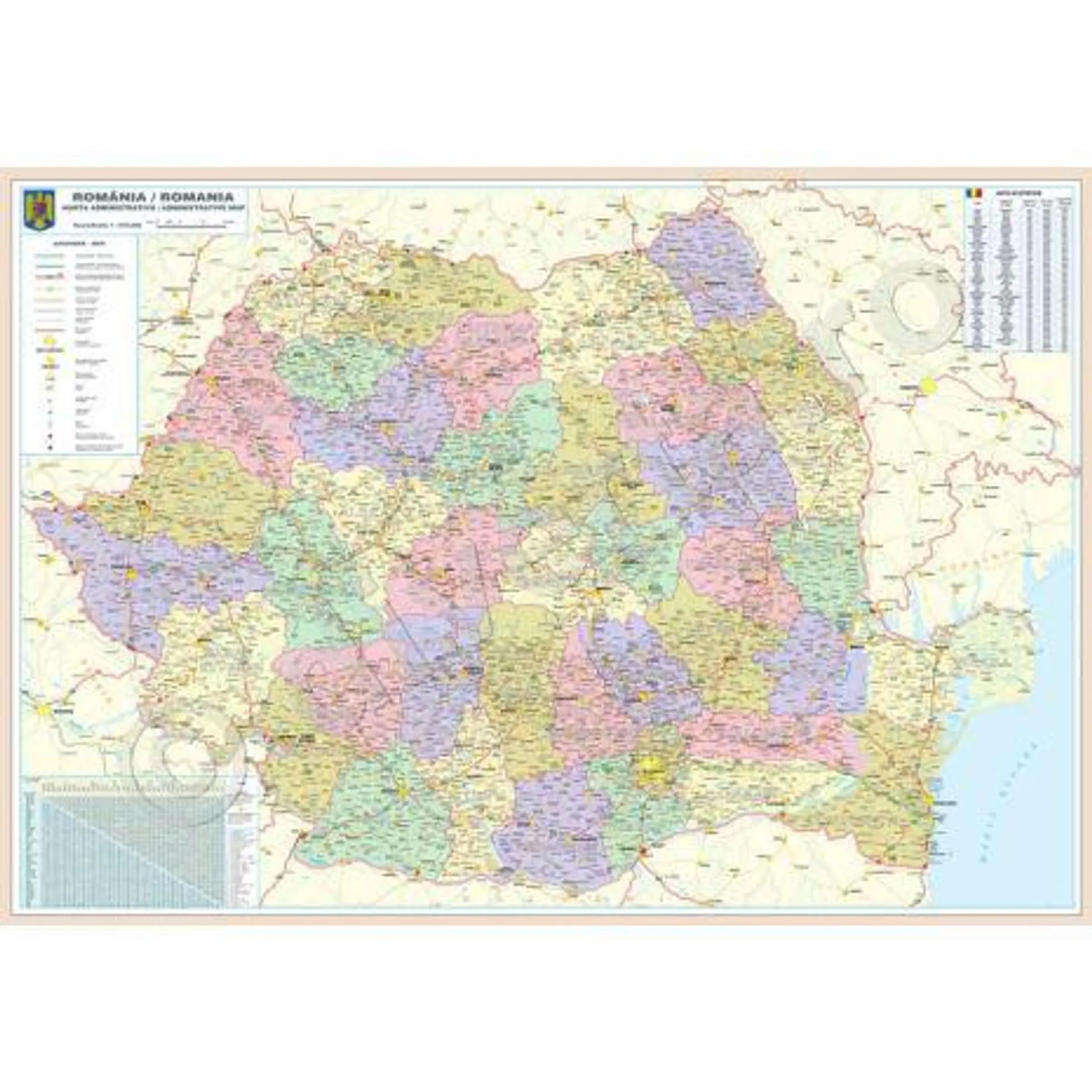 ROMANIA, HARTA MAGNETICA INRAMATA 140x200 cm, ADMINISTRATIVA SI RUTIERA, rama aluminiu cu suport magnetic si agatatori, editie 2021