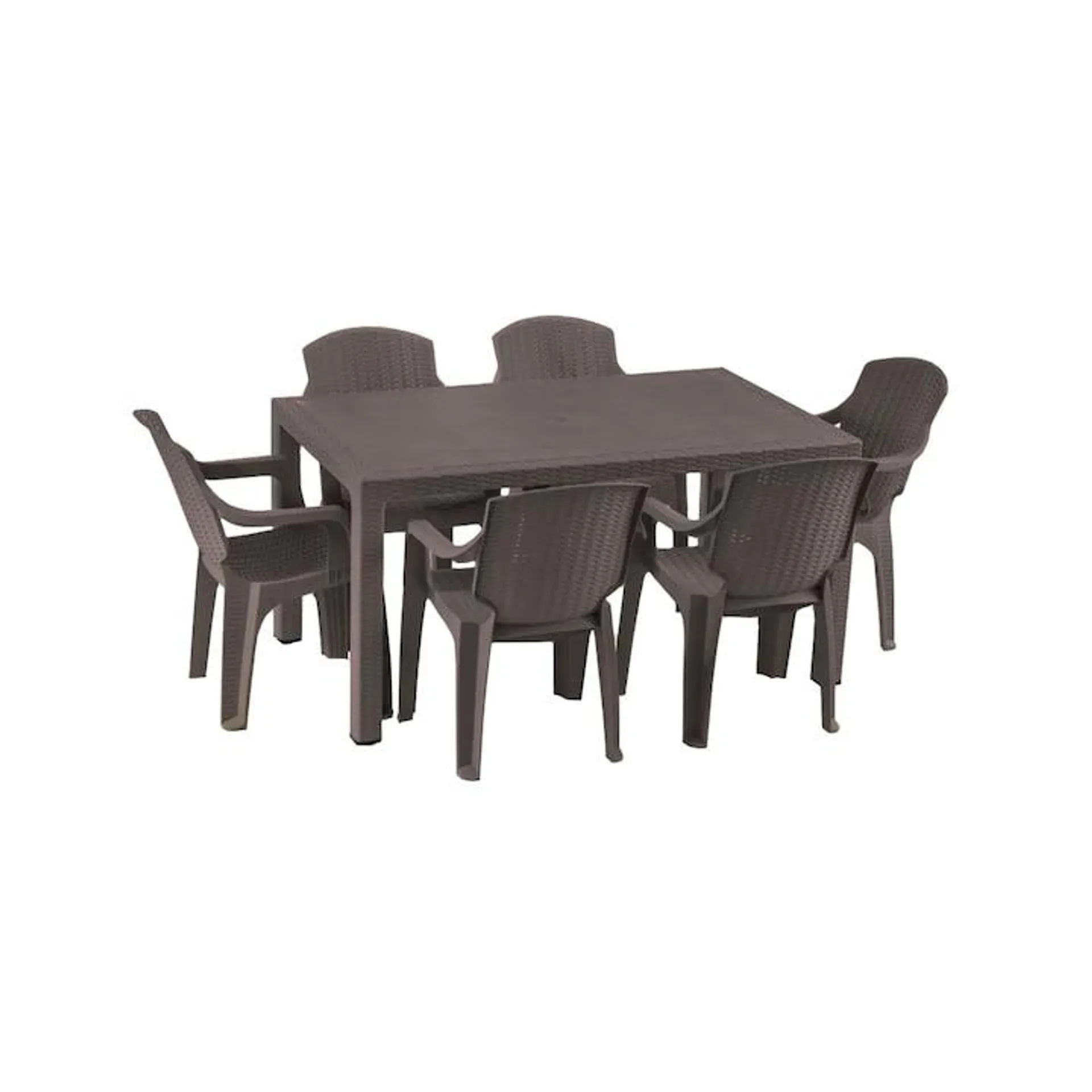 Set masa DacEnergy©, fabricat din polipropilena, cu model impletitura de ratan, forma dreptunghiulara, cu 6 scaune, pentru interior/ exterior, 150 x 90 x 74 cm, wenge