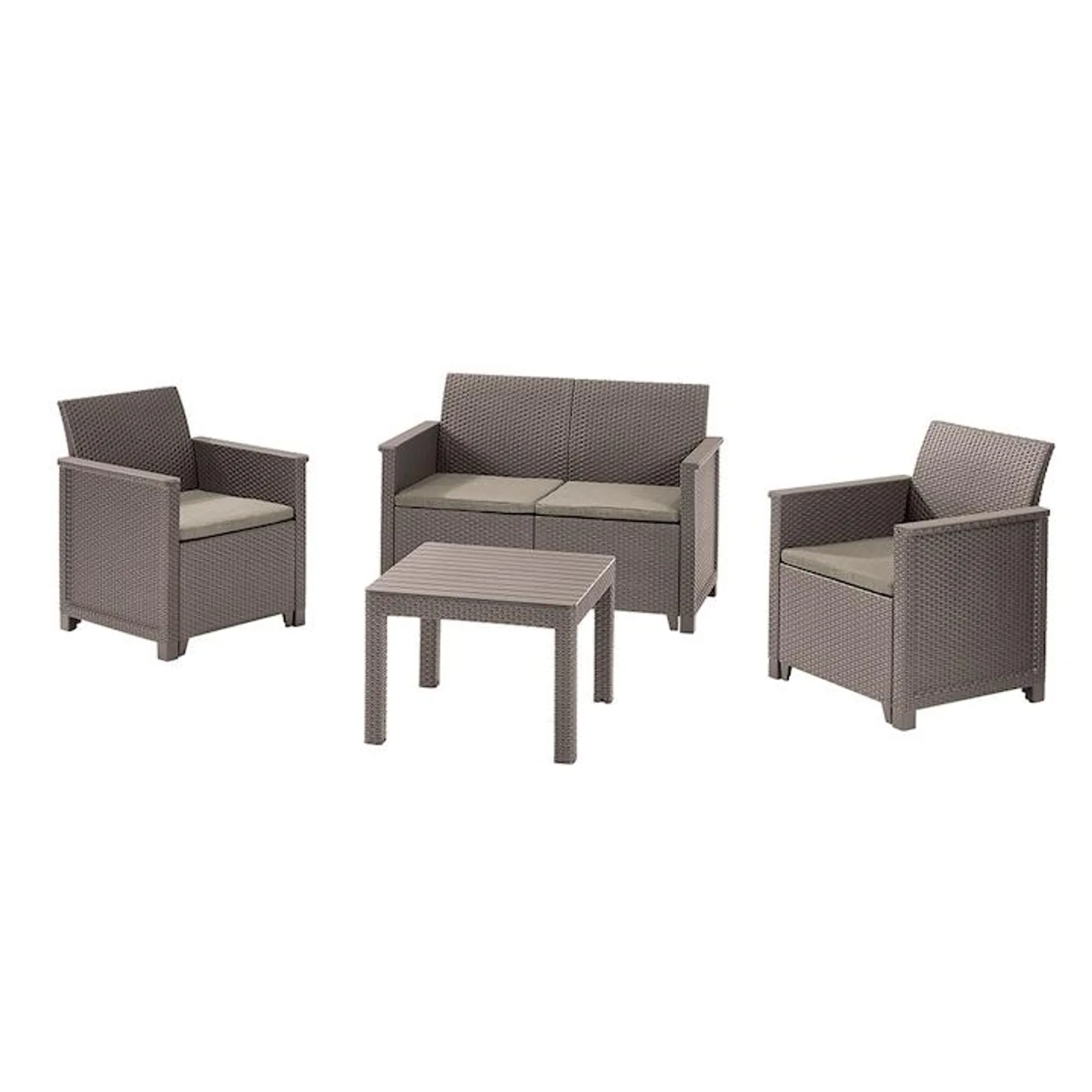 Set mobilier de terasa/gradina Keter Elodie cu canapea 2 locuri, 2 fotolii si masa, aspect ratan, plastic, canapea: 65 x 113 x74 cm, fotoliu: 65 x 63 x 74 cm, masa 59 x 59 x 43 cm, cappuccino, perne incluse