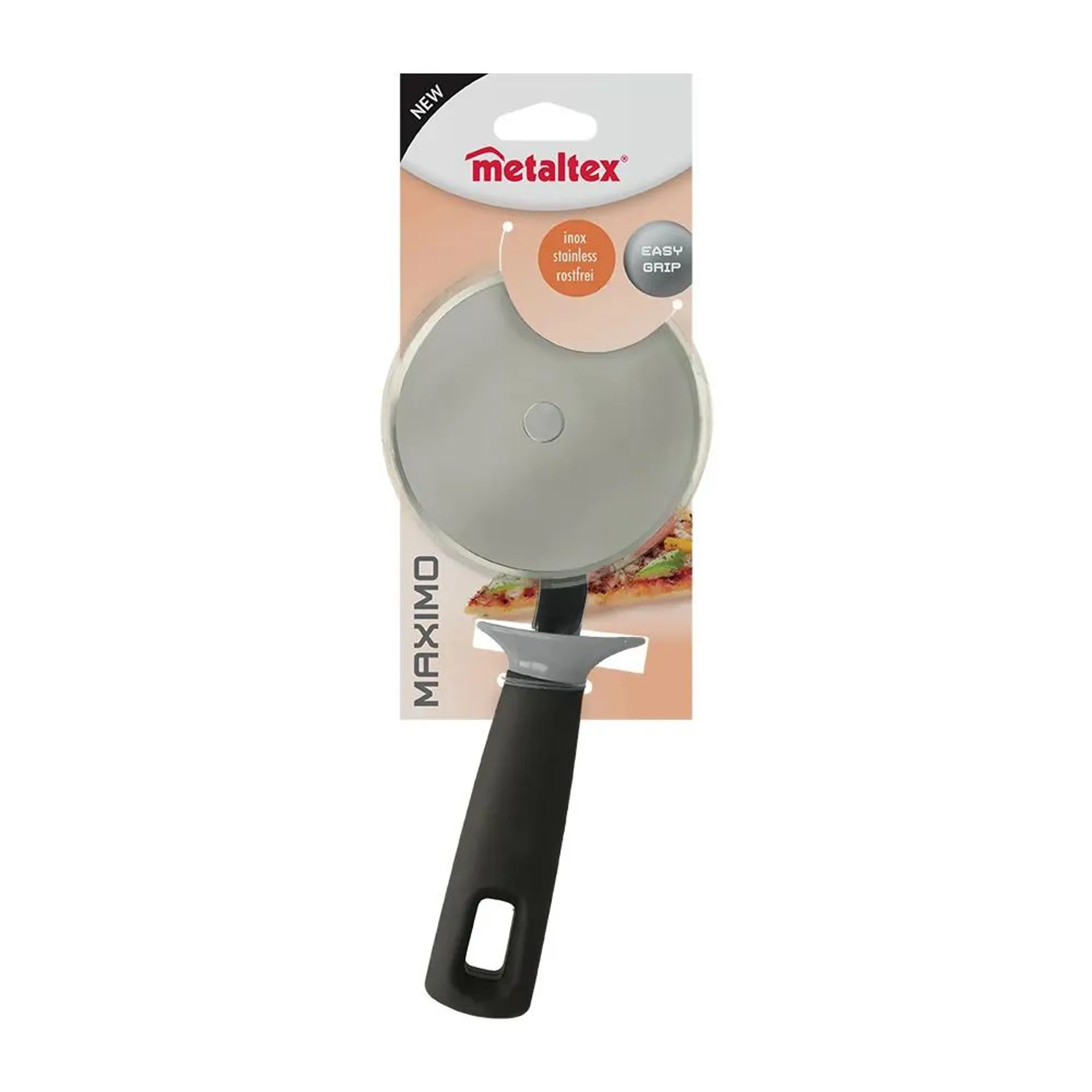 Rotita pentru taiat pizza Metaltex Maximo, diametru 10-24 cm, inox/PP/TPR, Negru/Gri