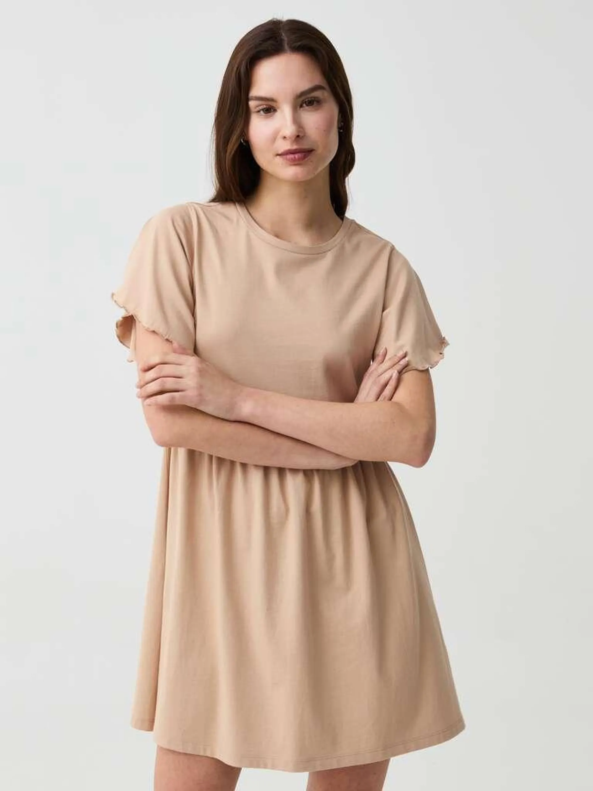 Light Beige Essential short dress with butterfly sleeves