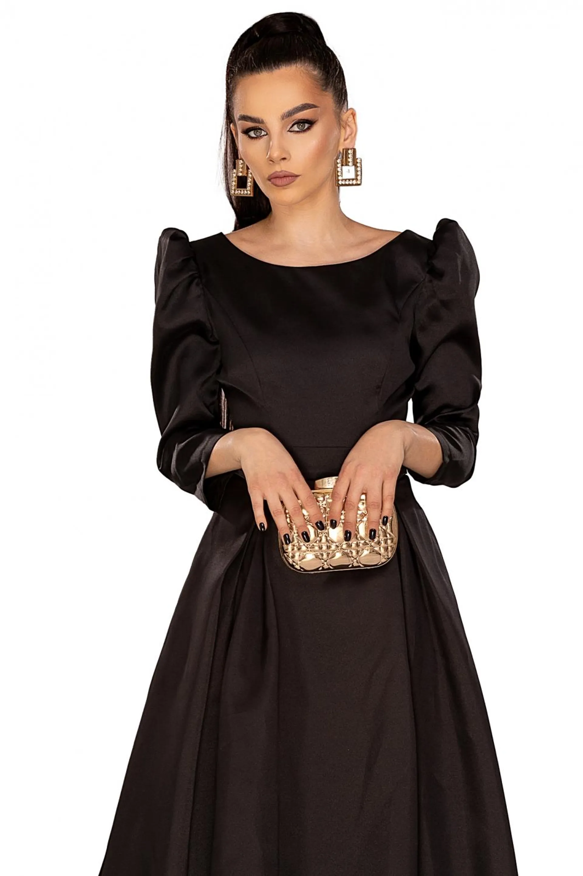 Rochie midi neagra baby doll din tafta