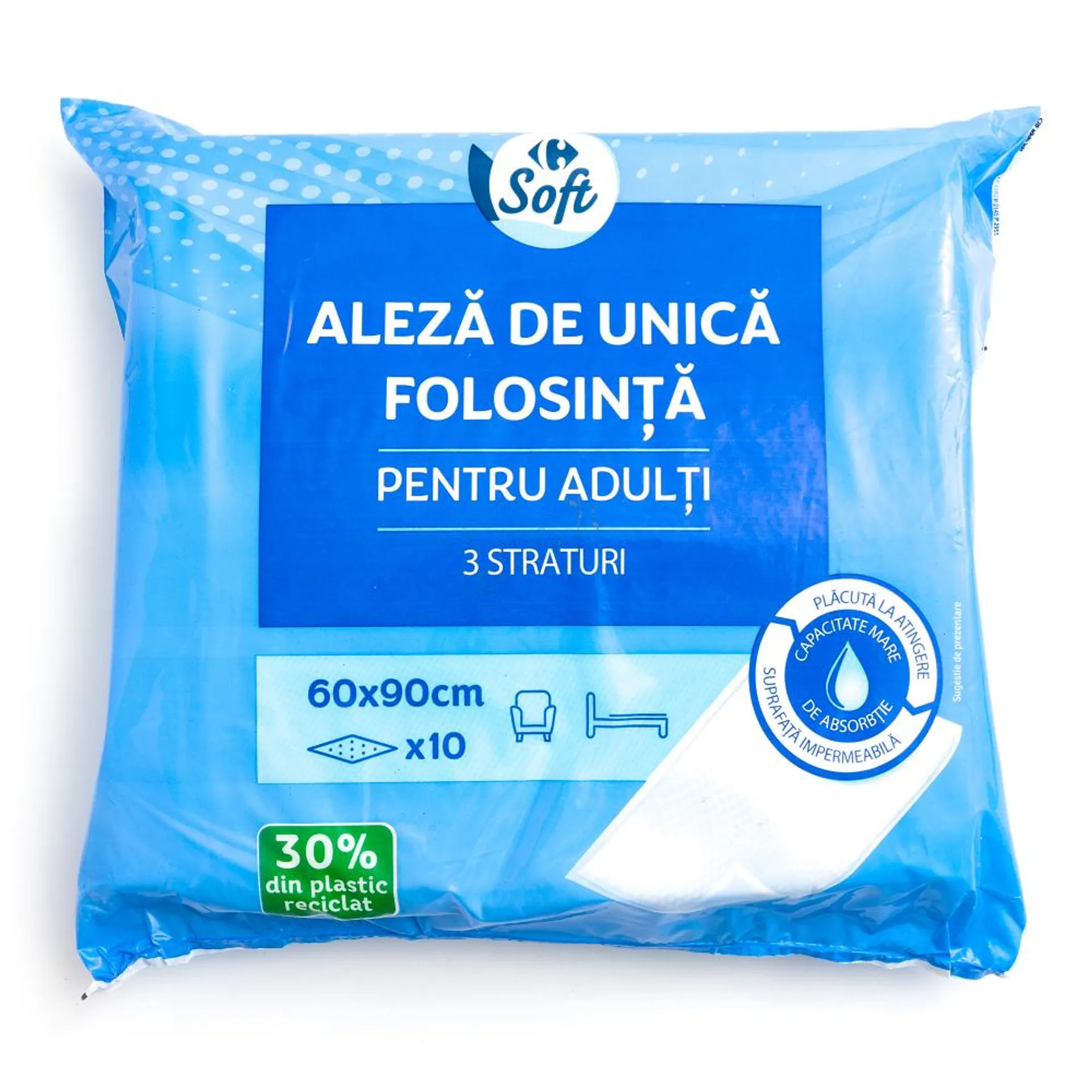 Aleza de unica folosinta pentru adulti Carrefour Soft 3 straturi, 10 bucati