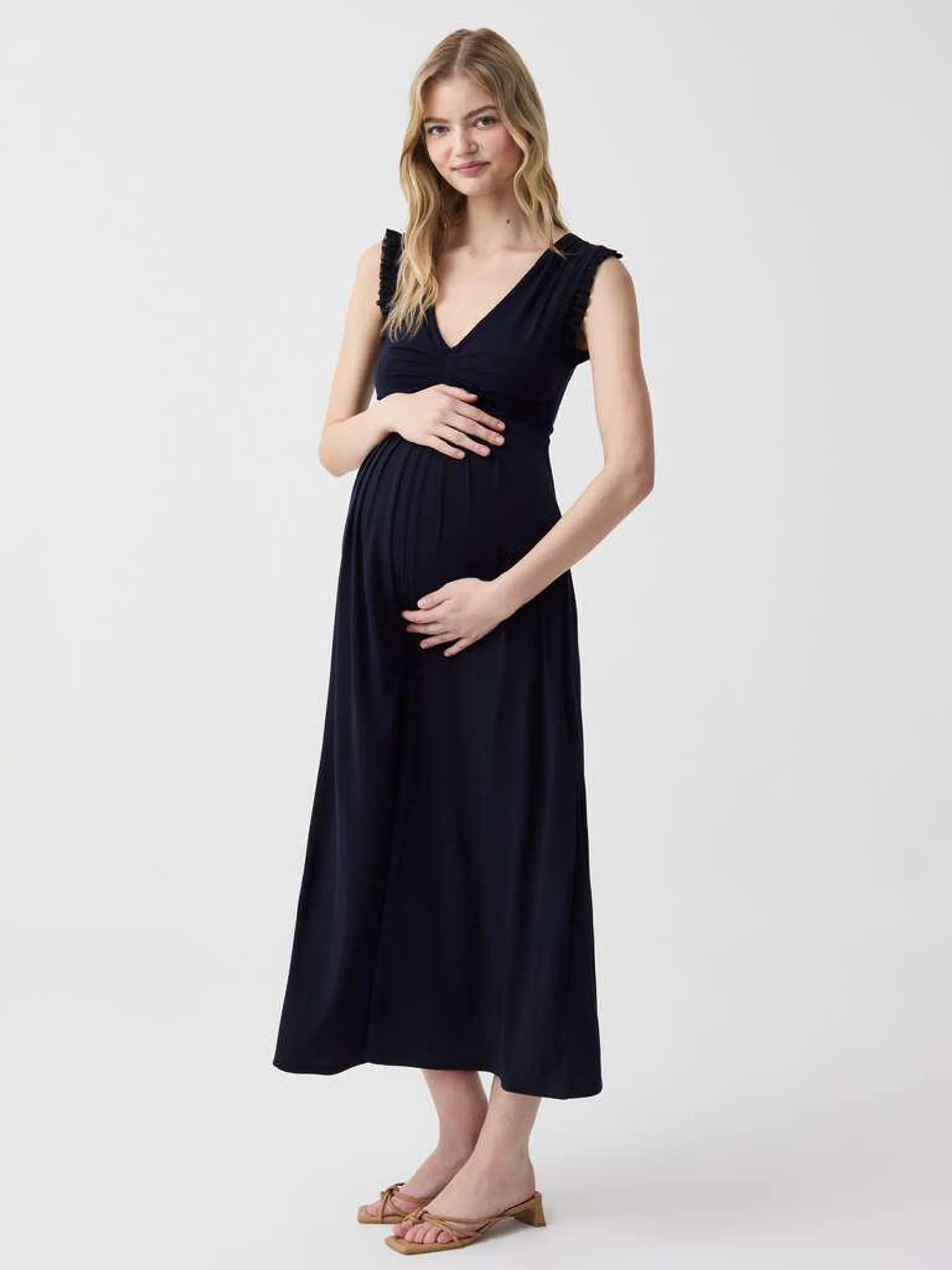 Night Blue Long maternity dress with V neck