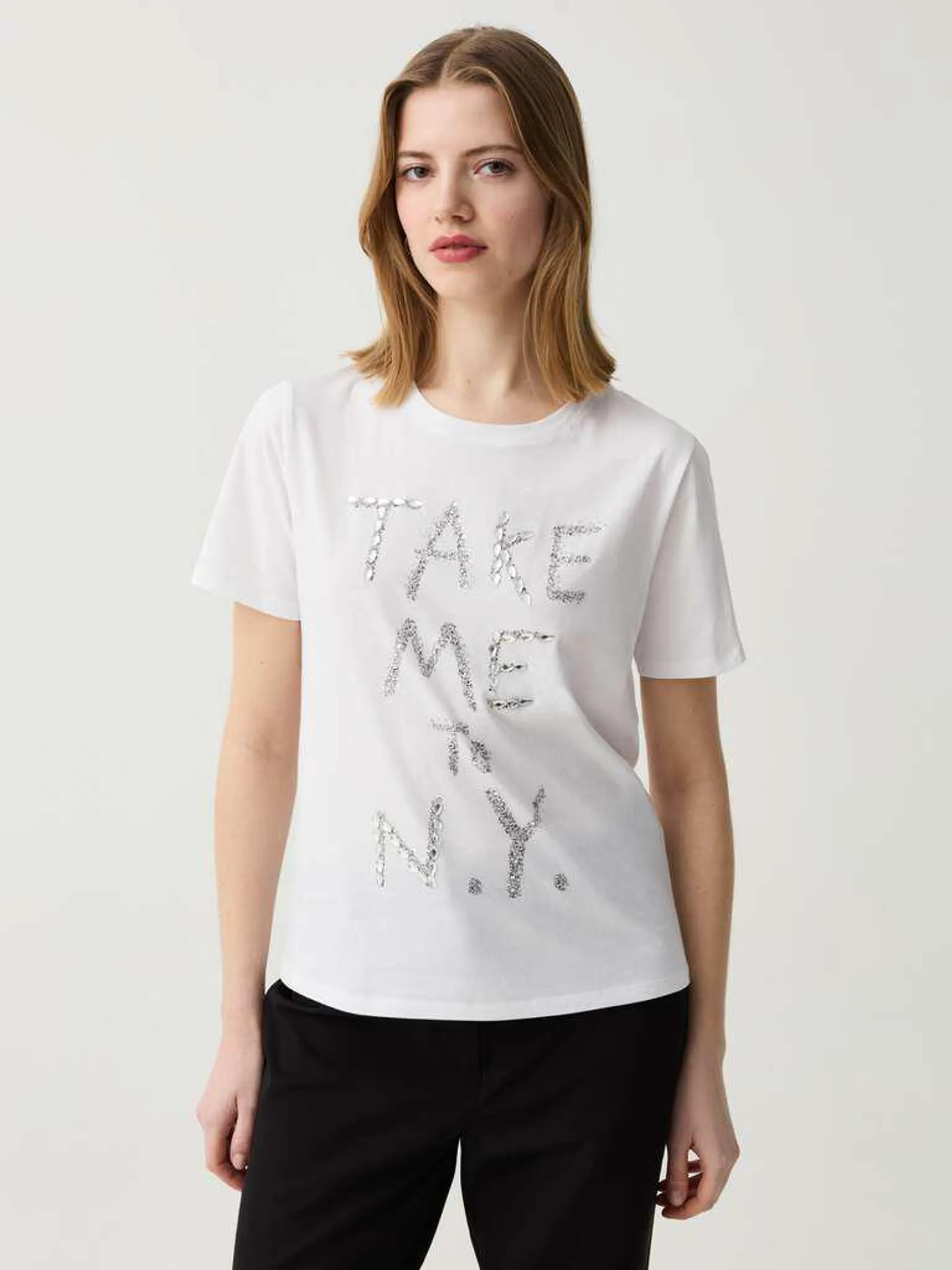 Optical White T-shirt with lettering in jewels and diamantés