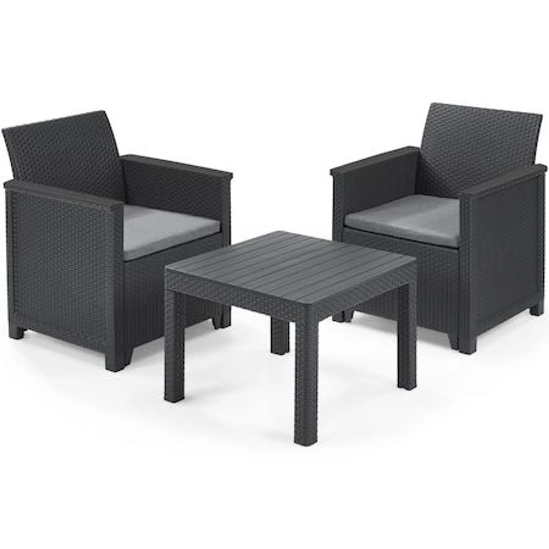 Set mobilier de balcon/terasa Keter Elodie cu 2 fotolii si masa clasica, aspect ratan, plastic, fotoliu: 65 x 63 x 74 cm, masa 60 x 55 x 39 cm, gri antracit, perne incluse