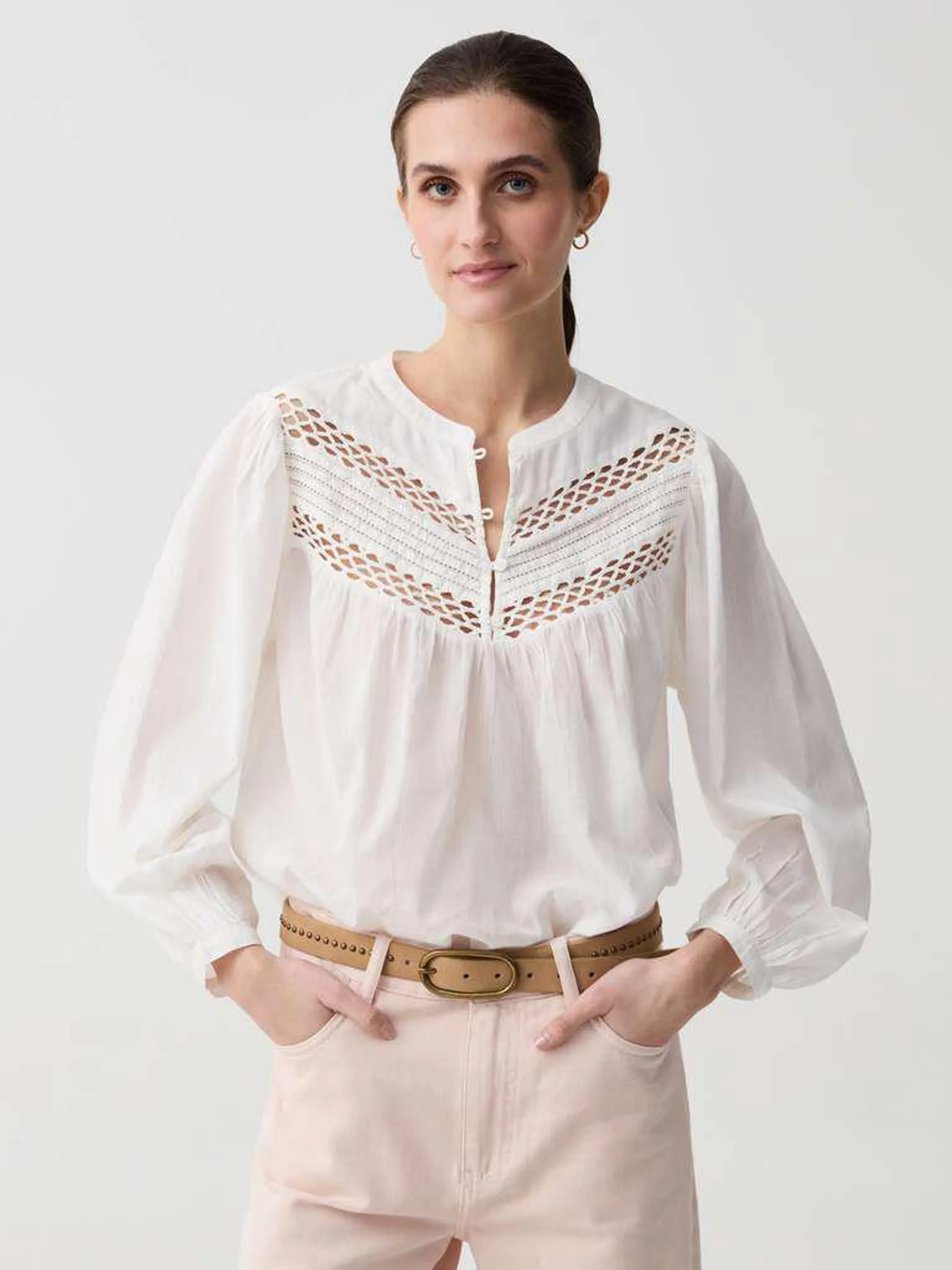 Optical White Cotton blouse with openwork details