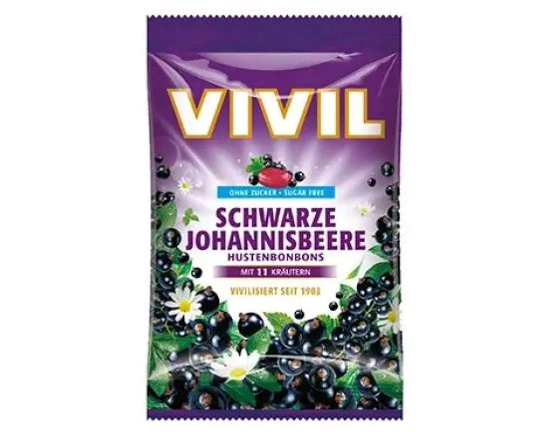 Vivil bomboane coacaze negre cu vitamina C fara zahar, 60g