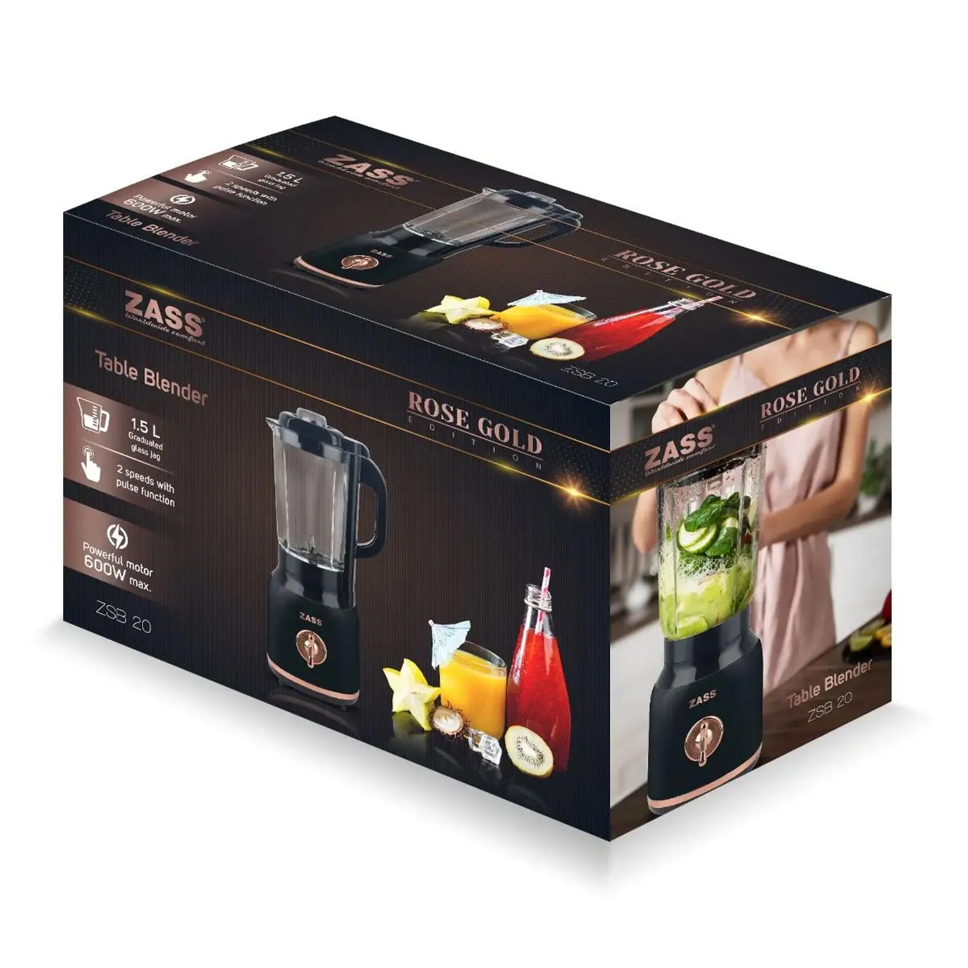 Blender de masa Zass ZSB 20, 1.5 litri, 2 trepte de viteza, 600 W, Negru / Auriu