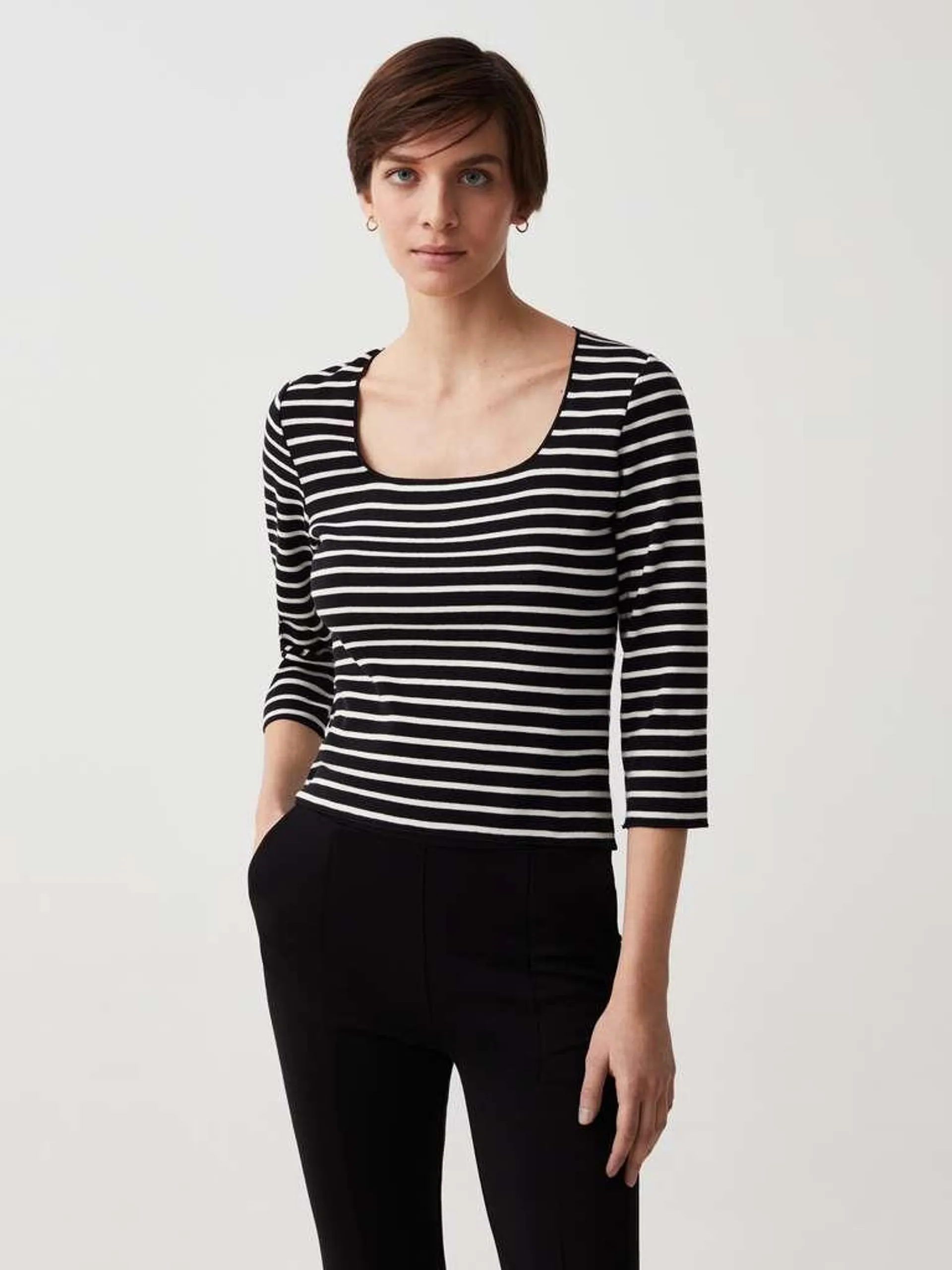 White/Black Striped T-shirt with three-quarter sleeves