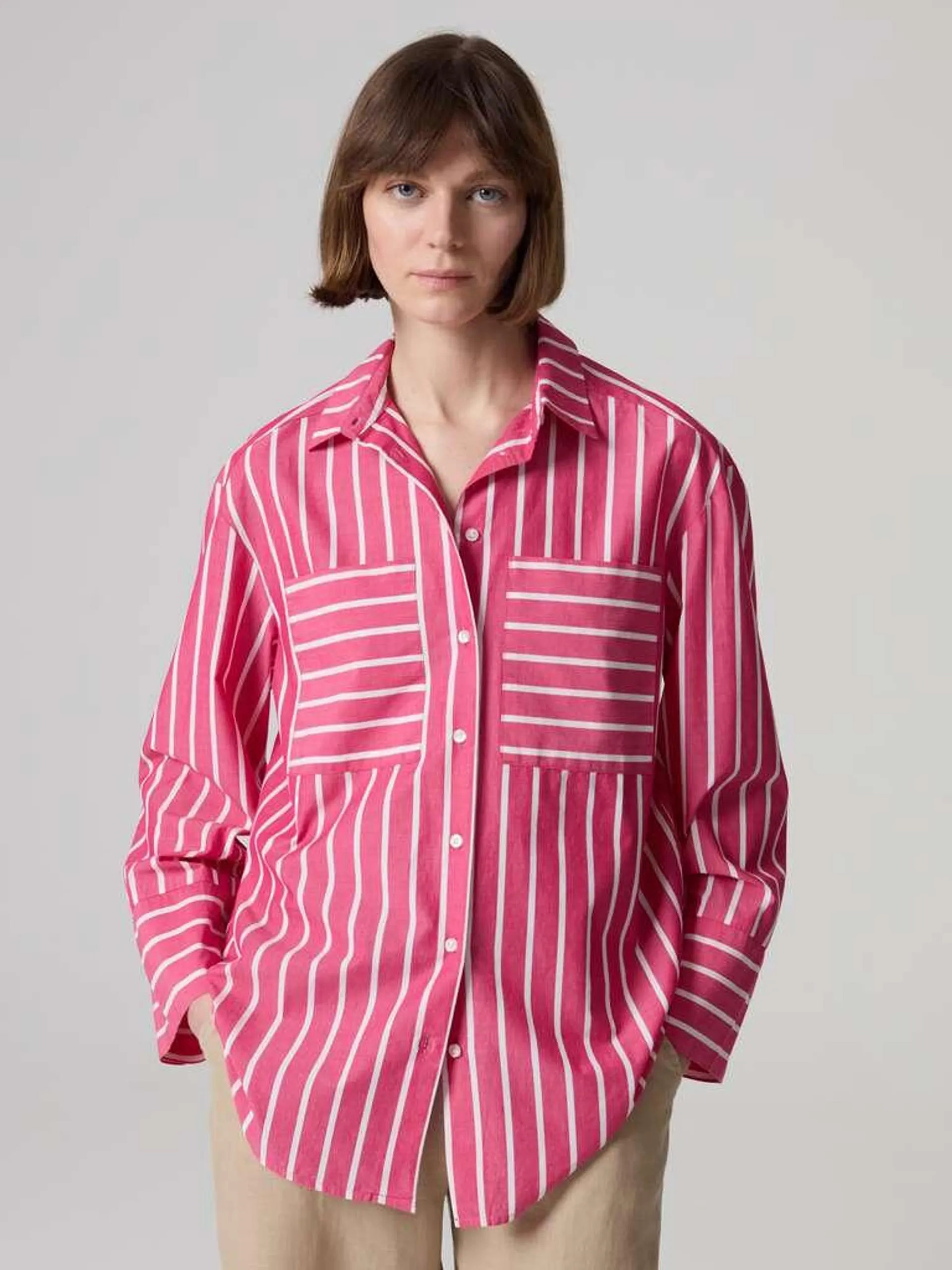 White/Pink Striped shirt with pockets