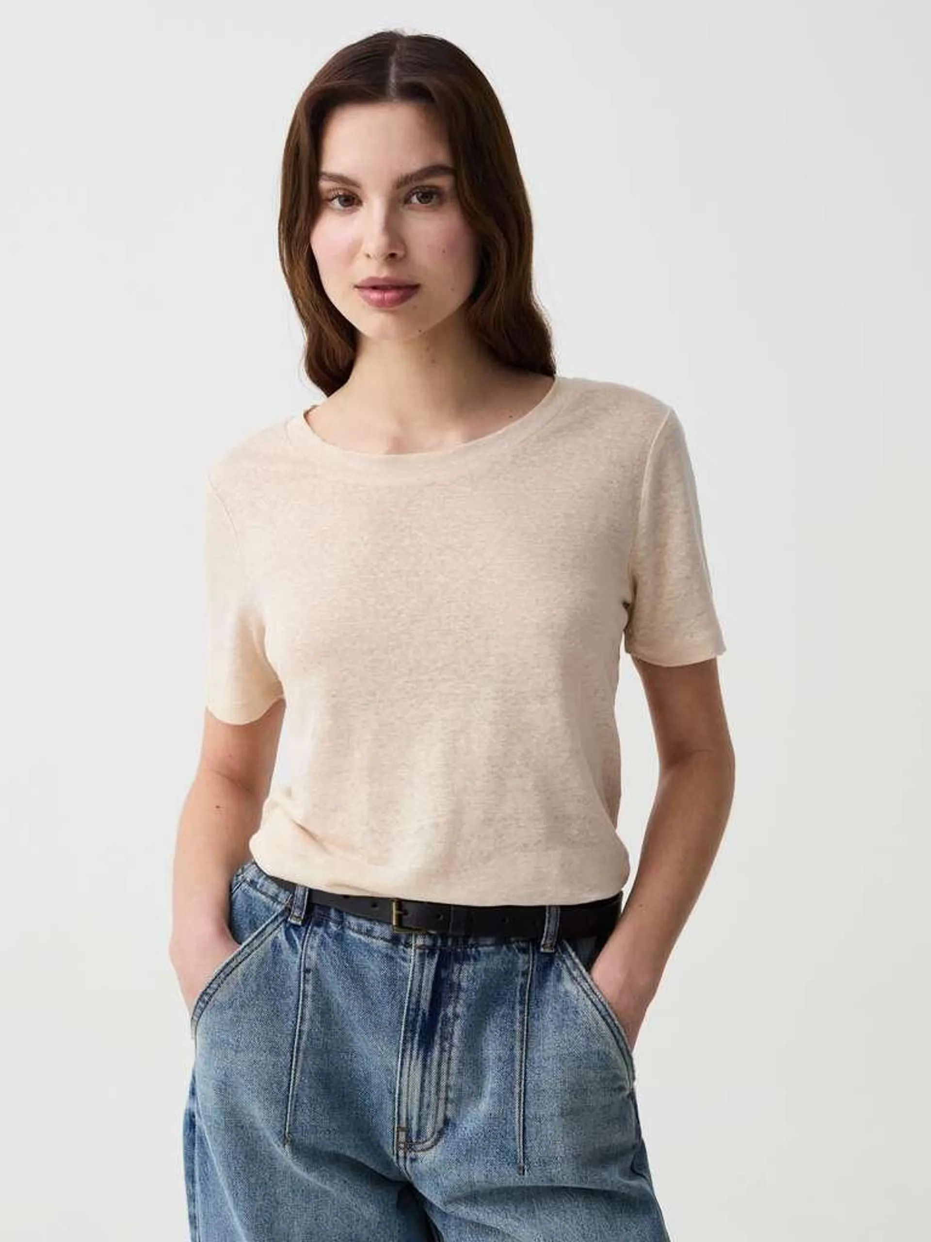 Natural Linen T-shirt with round neck