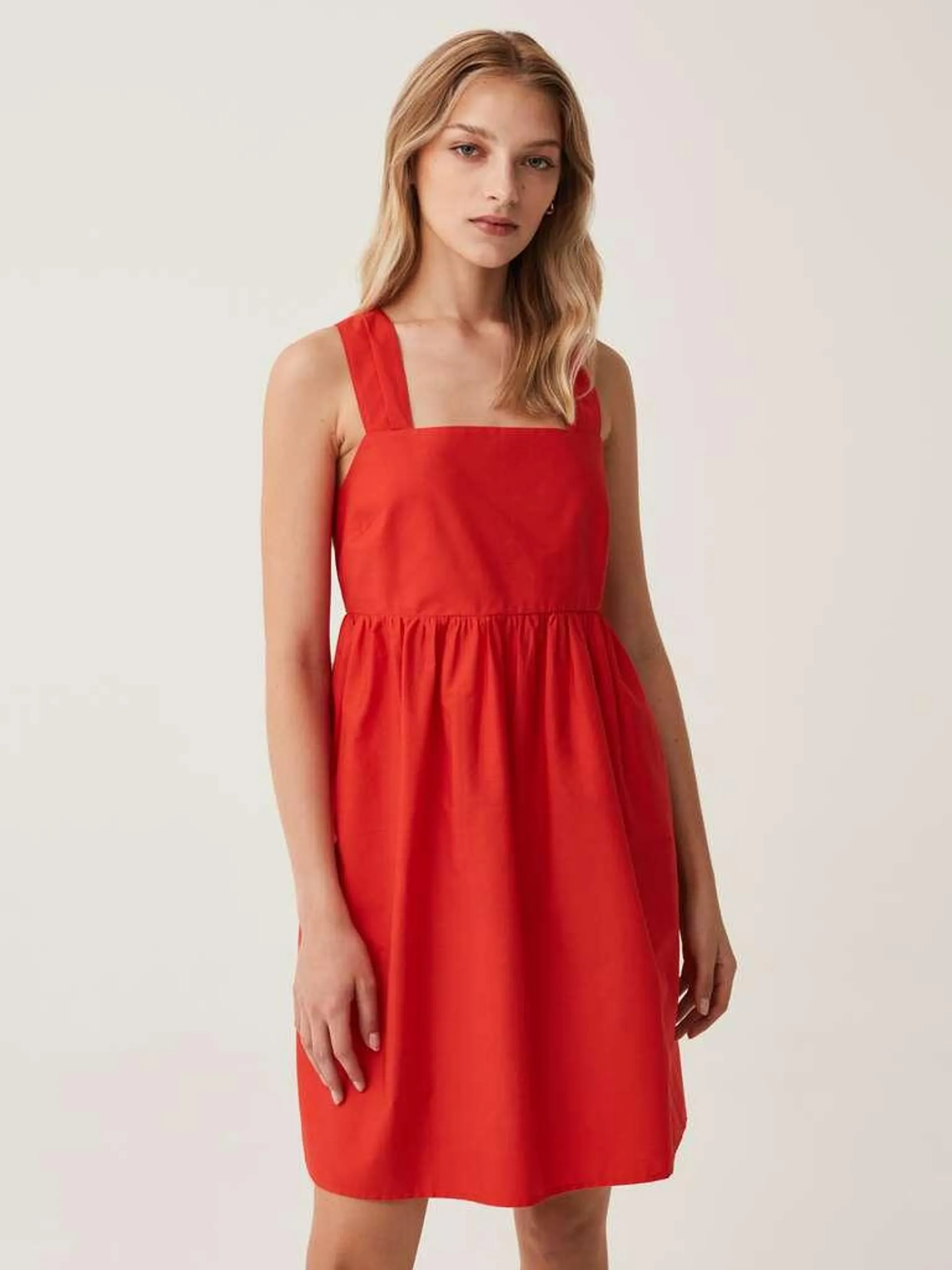 Short sleeveless dress in cotton Rouge géranium