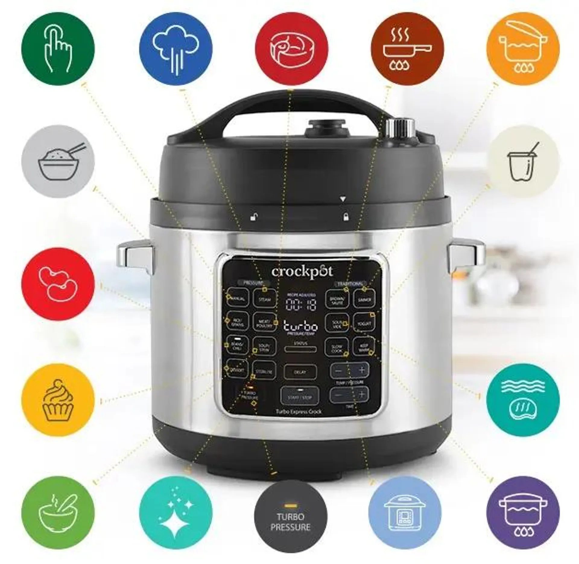 Multicooker cu gatire sub presiune Crock-Pot Turbo Express CSC062X-DIM, 5.6 litri, 15 programe, 7 moduri de gatire, Argintiu