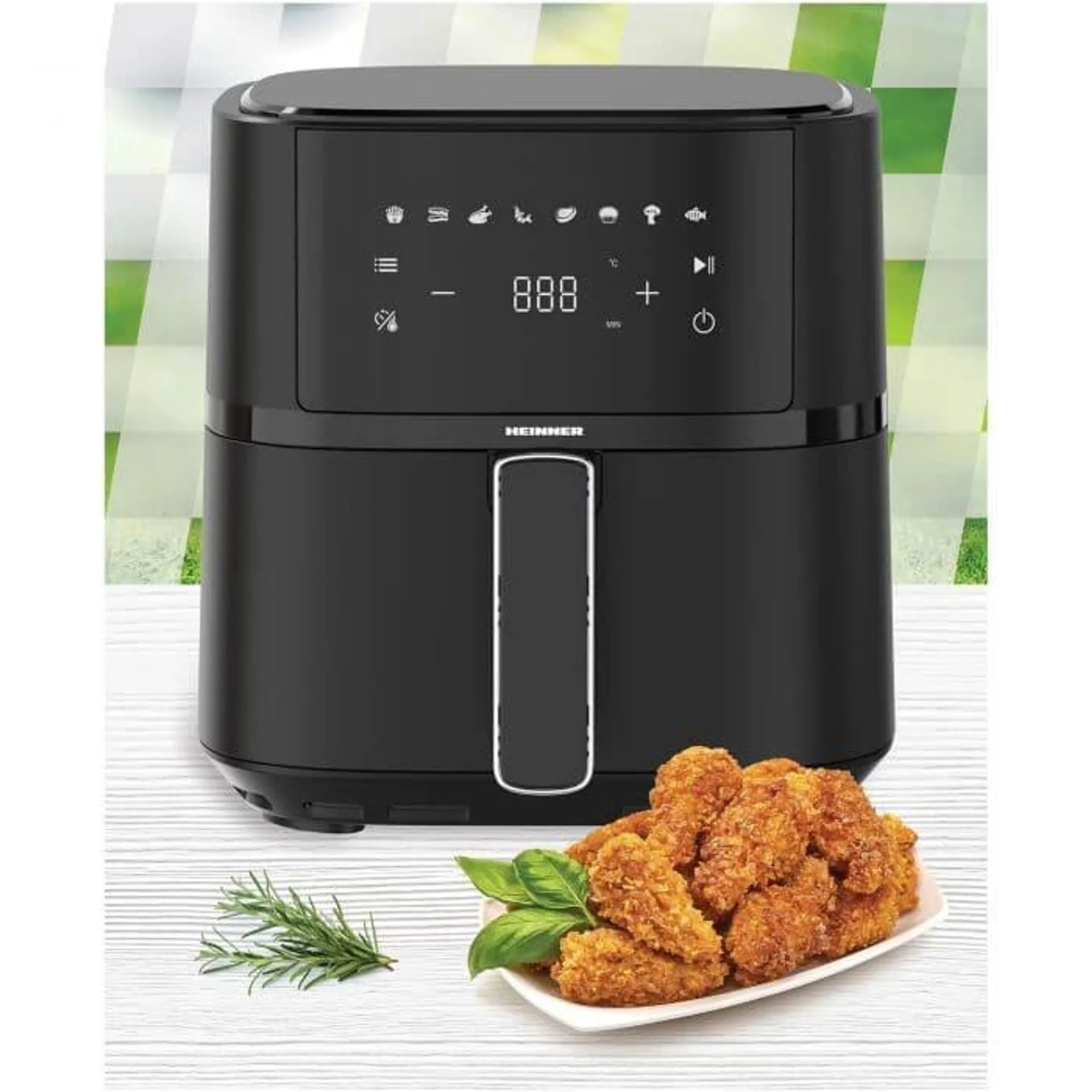 Friteuza cu aer cald Heinner BlackMatte HAF-B4BK1500, 1500 W, 4 l, 8 programe presetate, Control digital, Termostat reglabil, Timer, Negru