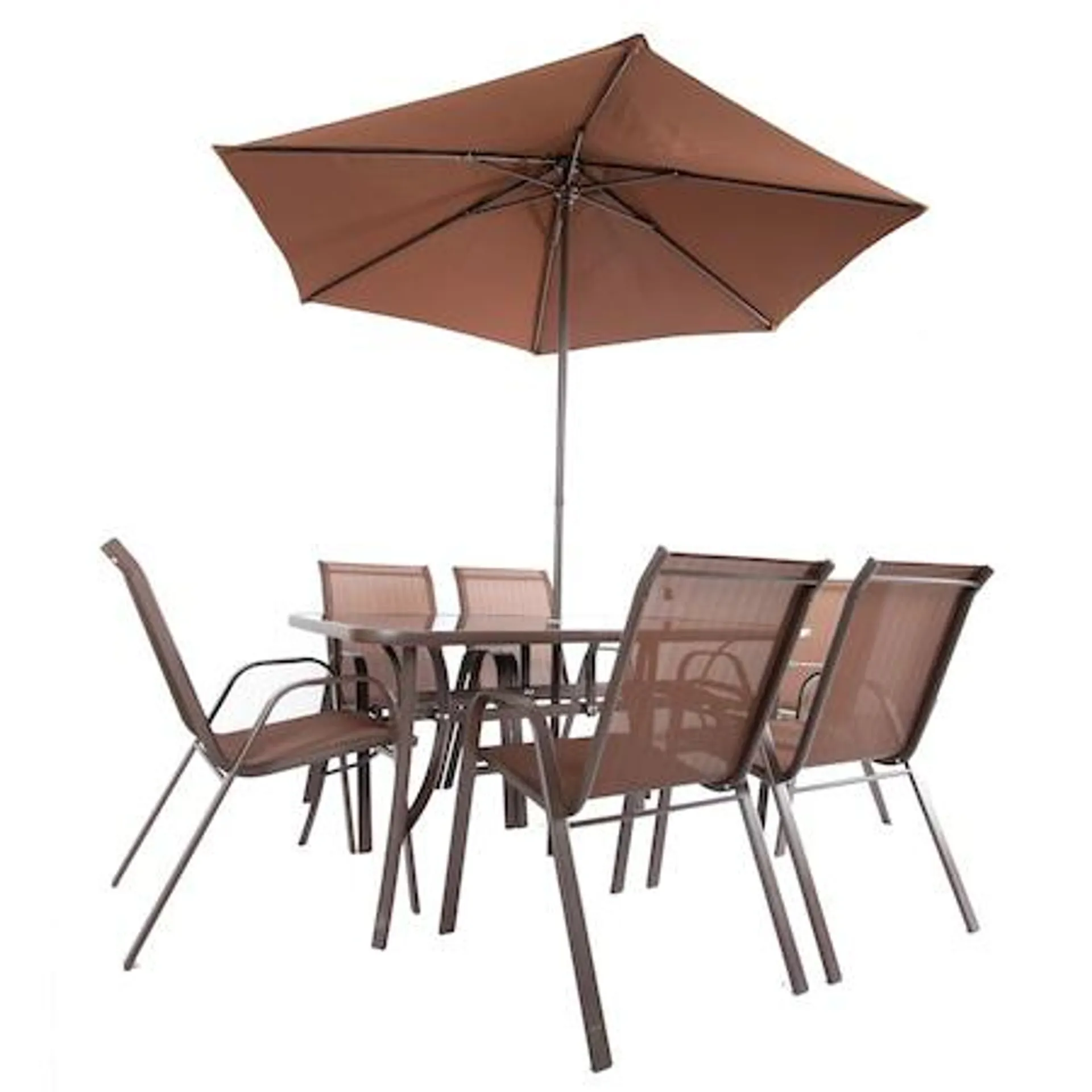 Set mobilier exterior, masa dreptunghiulara, 6 scaune si umbrela, metal, sticla si textilena, maro