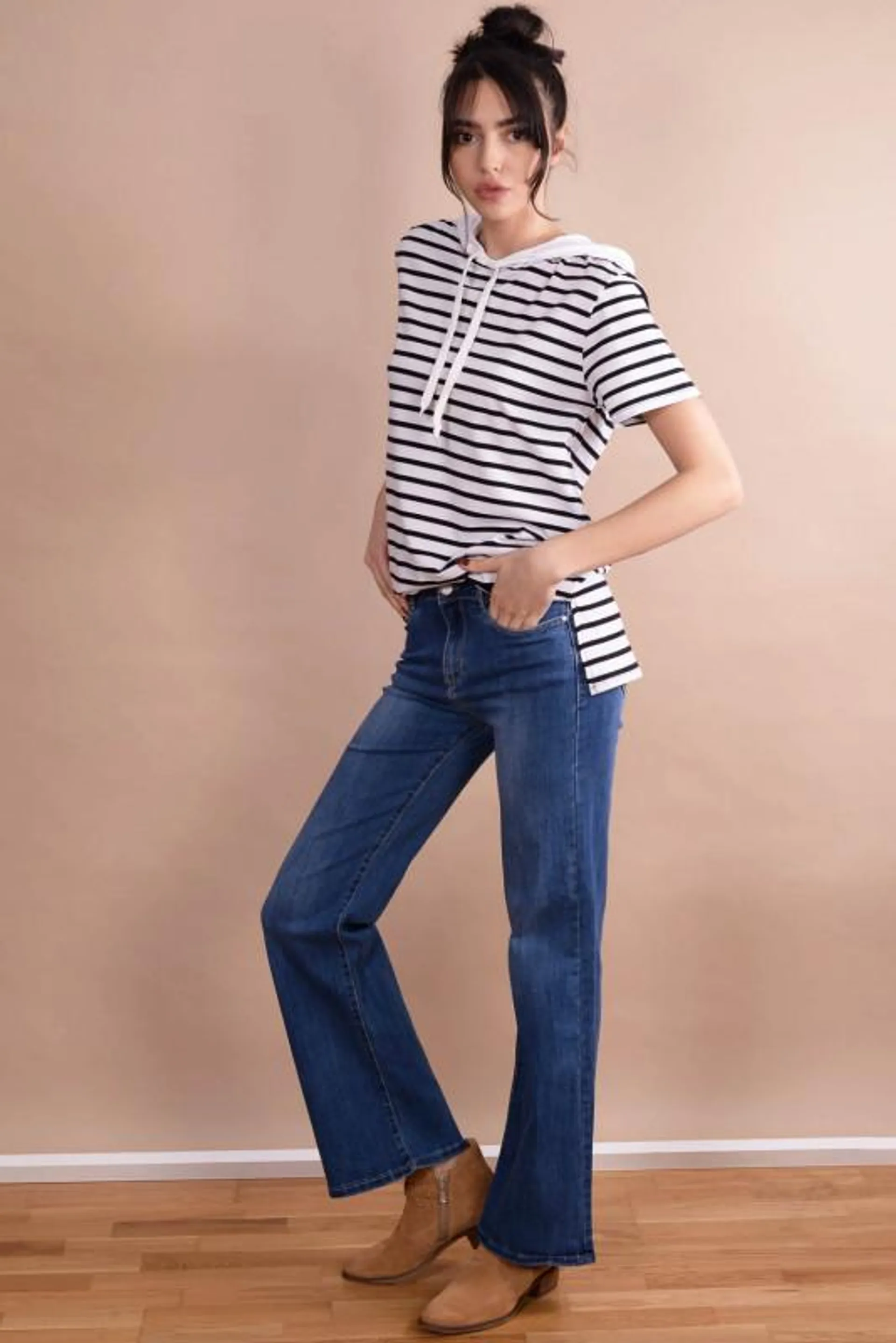 Blugi de dama flare cu talie medie bleu jeans