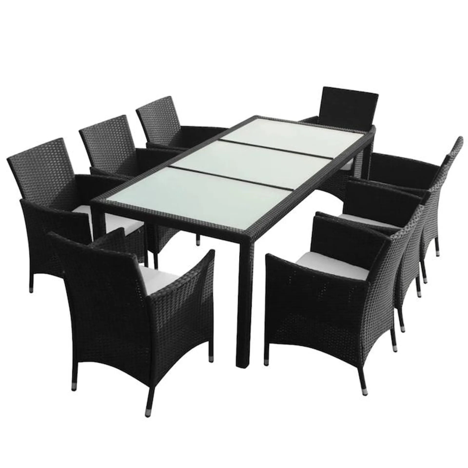 Set mobilier de gradina 9 piese, vidaXL, Negru, Ratan si sticla, 190 x 90 x 75 cm