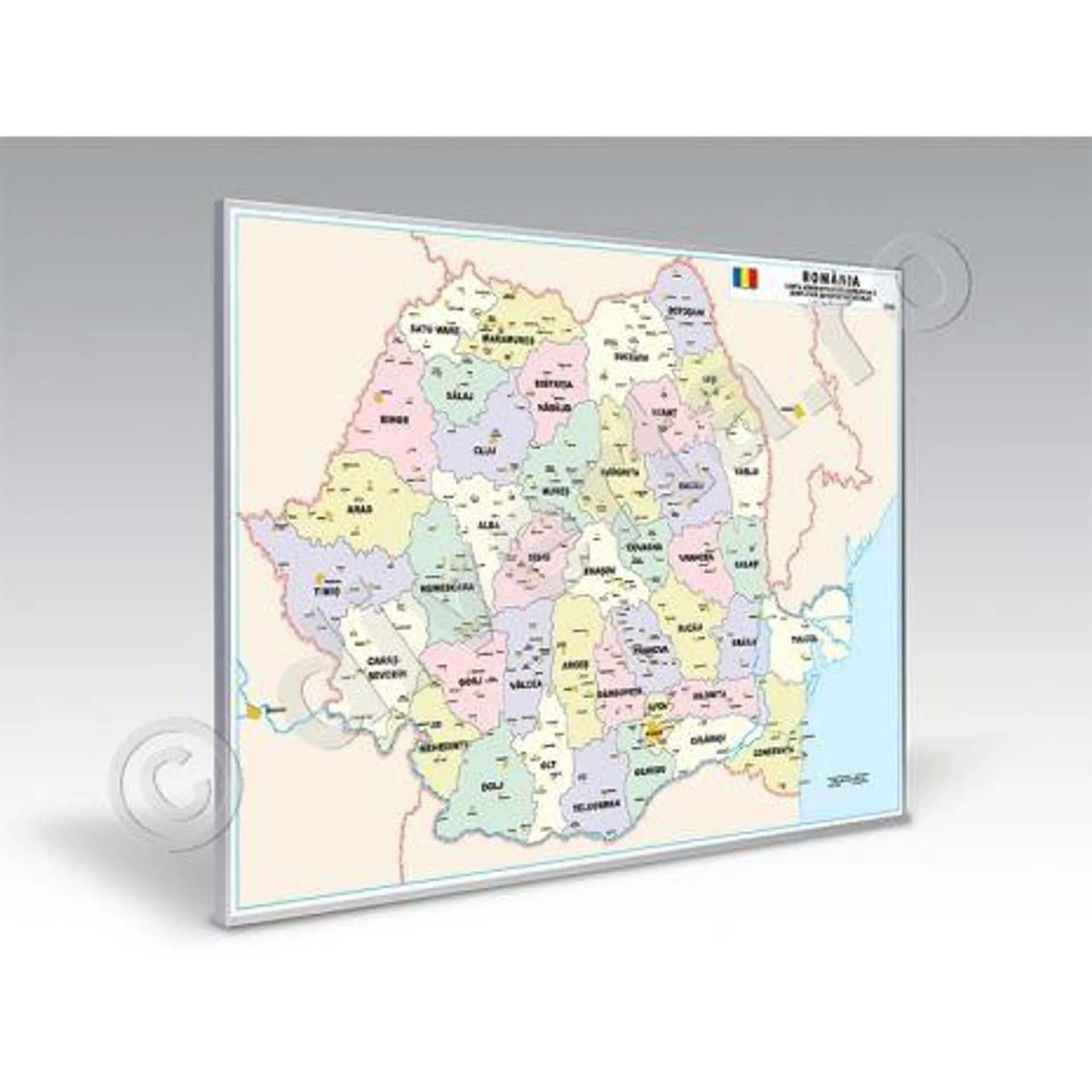 ROMANIA, HARTA MAGNETICA INRAMATA 100x140 cm, ADMINISTRATIVA SIMPLIFICATA, rama aluminiu cu suport magnetic si agatatori - editie 2023